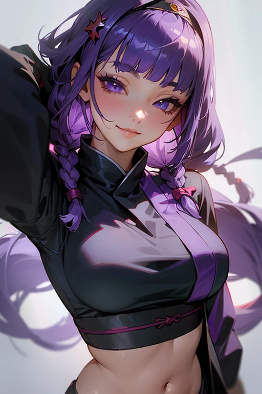 (master piece: 1.1), (shihouin yoruichi), detailed face, (detailed yellow eyes), black pupils, purple hair, ponytail, red dress christmas, shy, anime character, (christmas costume), christmas cloth, (smiling), (wearing santa hat), ((simple gray background))