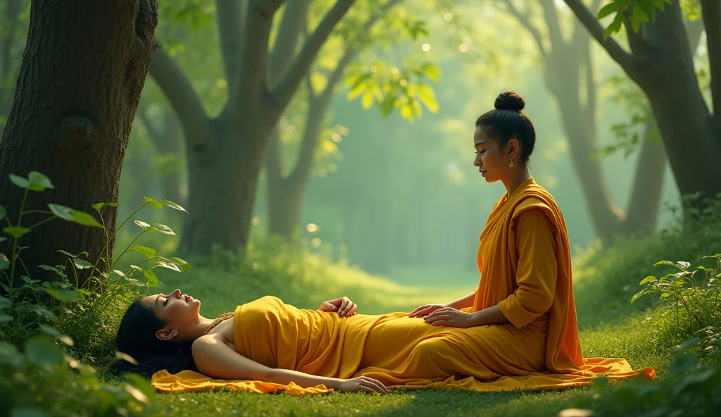 The image shows a Buddha and a woman in a forest. The Buddha is sitting ...