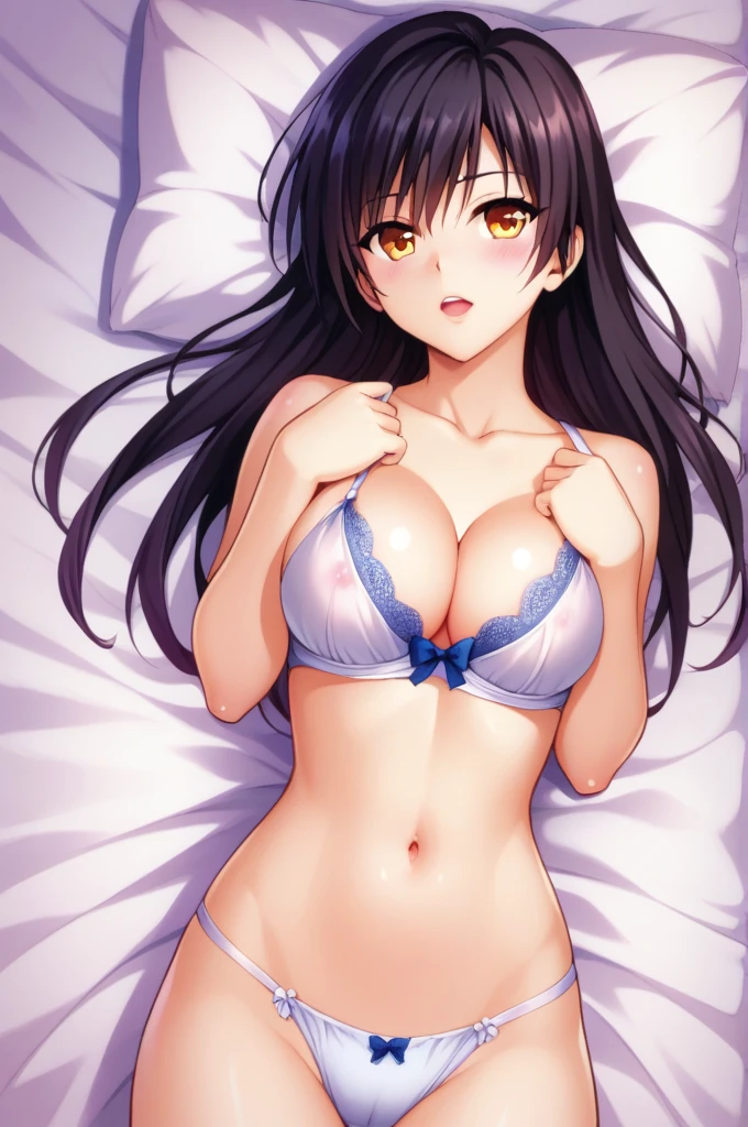 One Girl,kotegawa yui,Alone,Long Hair,(Black Hair),(View your viewers),Score_9,Score_8_Excellent,
 (Upper Body), (White bra),Big Breasts, Exposed breasts, (((Shot from above))), Face Focus, (Scared),(fear), bedroom, bed, bed sheet, pillow, on bed, 