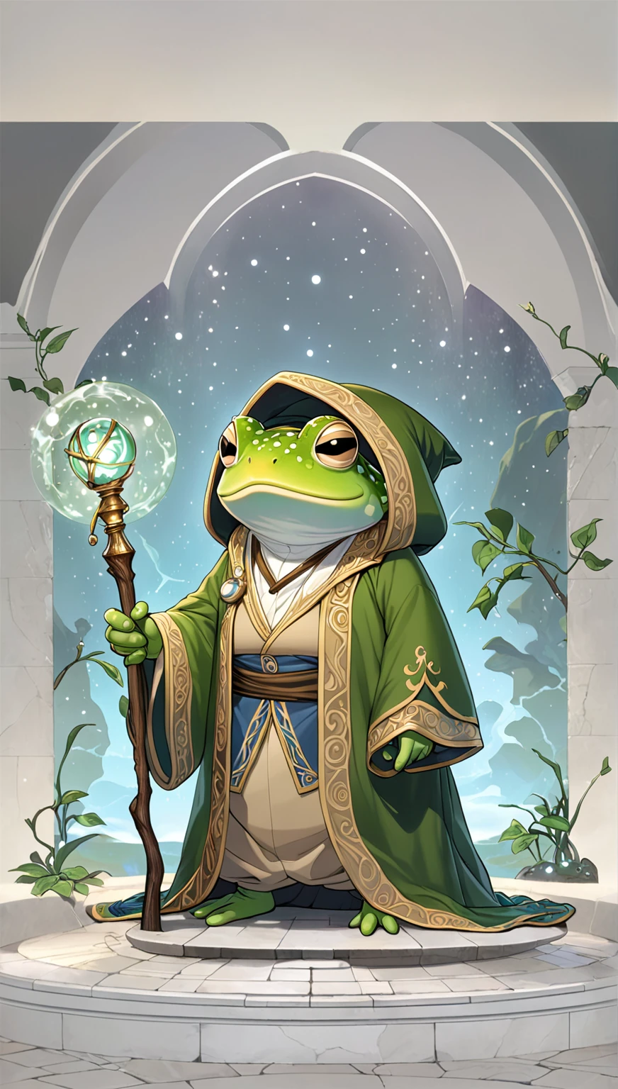 masterpiece, best quality, good quality, Highly detailed, sorcerer toad, mustache, old and wise, modern aesthethic