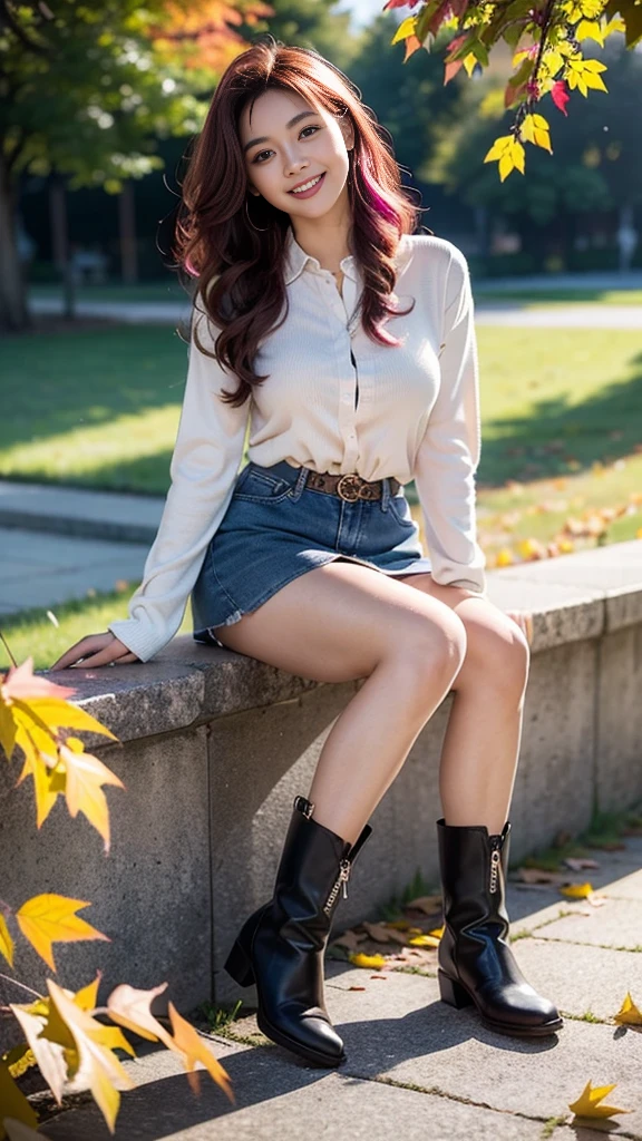 masterpiece, Ultra-high resolution, 4K, Best Quality, 1 person, ((whole body)), Beautiful and exquisite face, Beautiful, smooth skin, Skin Texture, 1, Baby Face, smile, autumn leaves, Mountain, boots, Checkered mini skirt, Long sleeve shirt, Pink mesh hair, Semi-long hair, Curly Hair, Drawing a picture