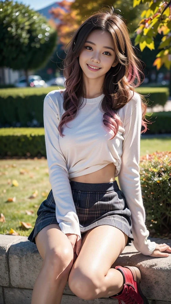 masterpiece, Ultra-high resolution, 4K, Best Quality, 1 person, ((whole body)), Beautiful and exquisite face, Beautiful, smooth skin, Skin Texture, 1, Baby Face, smile, autumn leaves, Mountain, boots, Checkered mini skirt, Long sleeve shirt, Pink mesh hair, Semi-long hair, Curly Hair, Drawing a picture