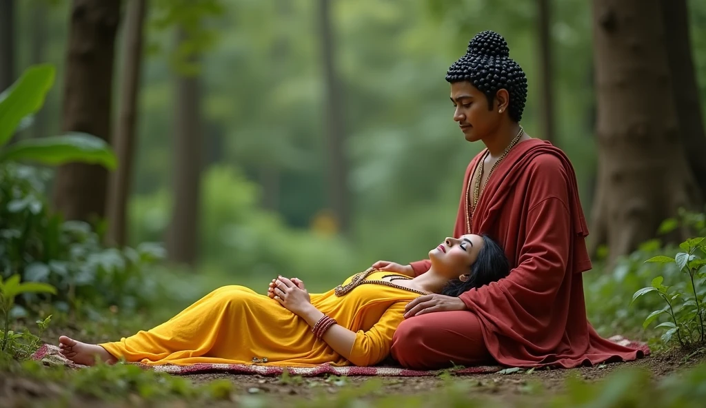 A distressed woman holding her deceased son approaches Gautam Buddha, her face filled with sorrow and desperation.