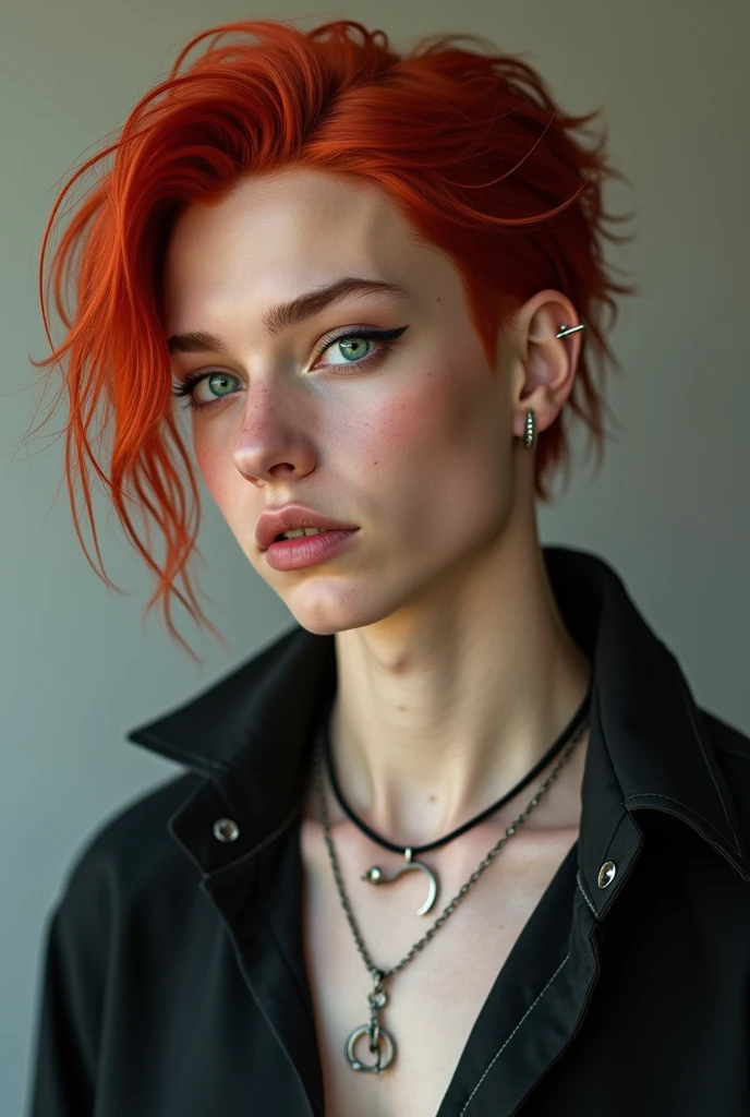 Male, medium length red hair, heterochromia, one blue eye, one green eye, earrings, lip piercing, black button shirt, unbuttoned shirt