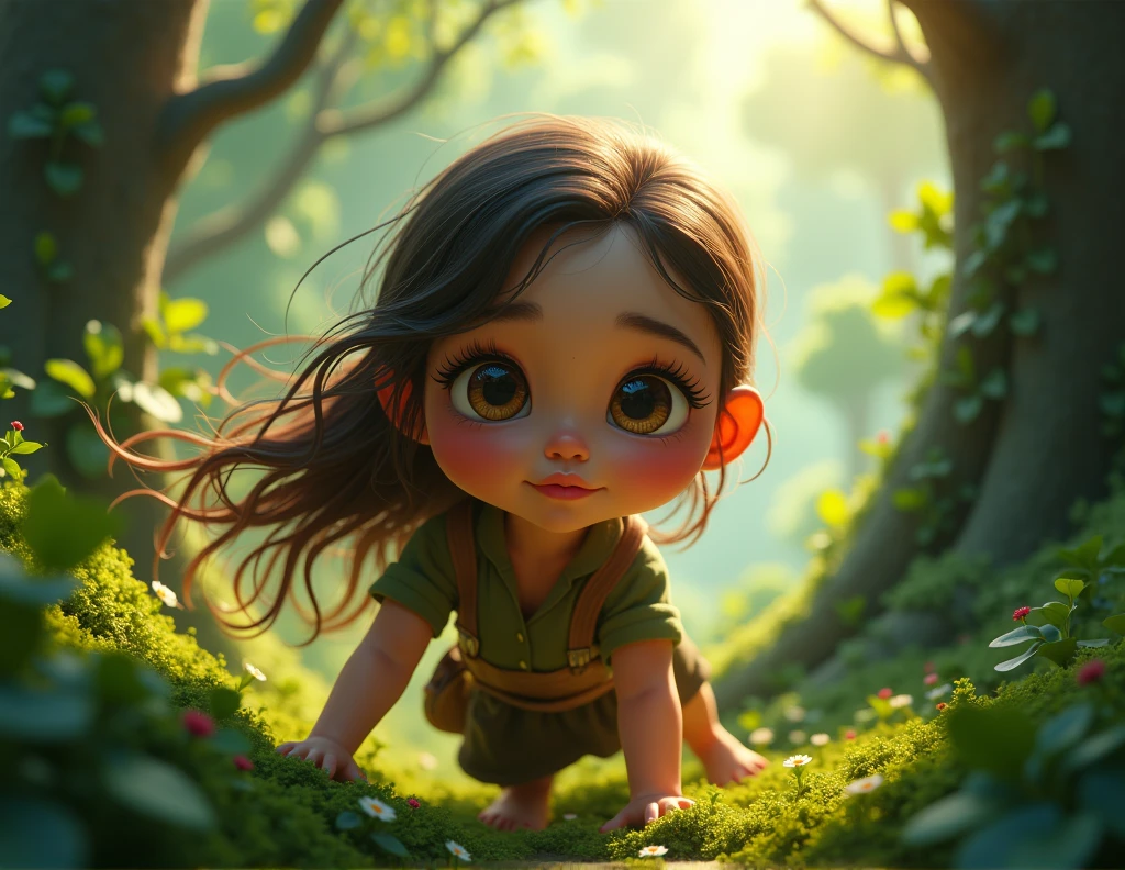 Lily is bending down, discovering an old, tattered map beneath a pile of leaves. The other children are excitedly gathering around her, eager to see what she has found. The atmosphere is filled with curiosity and anticipation.
