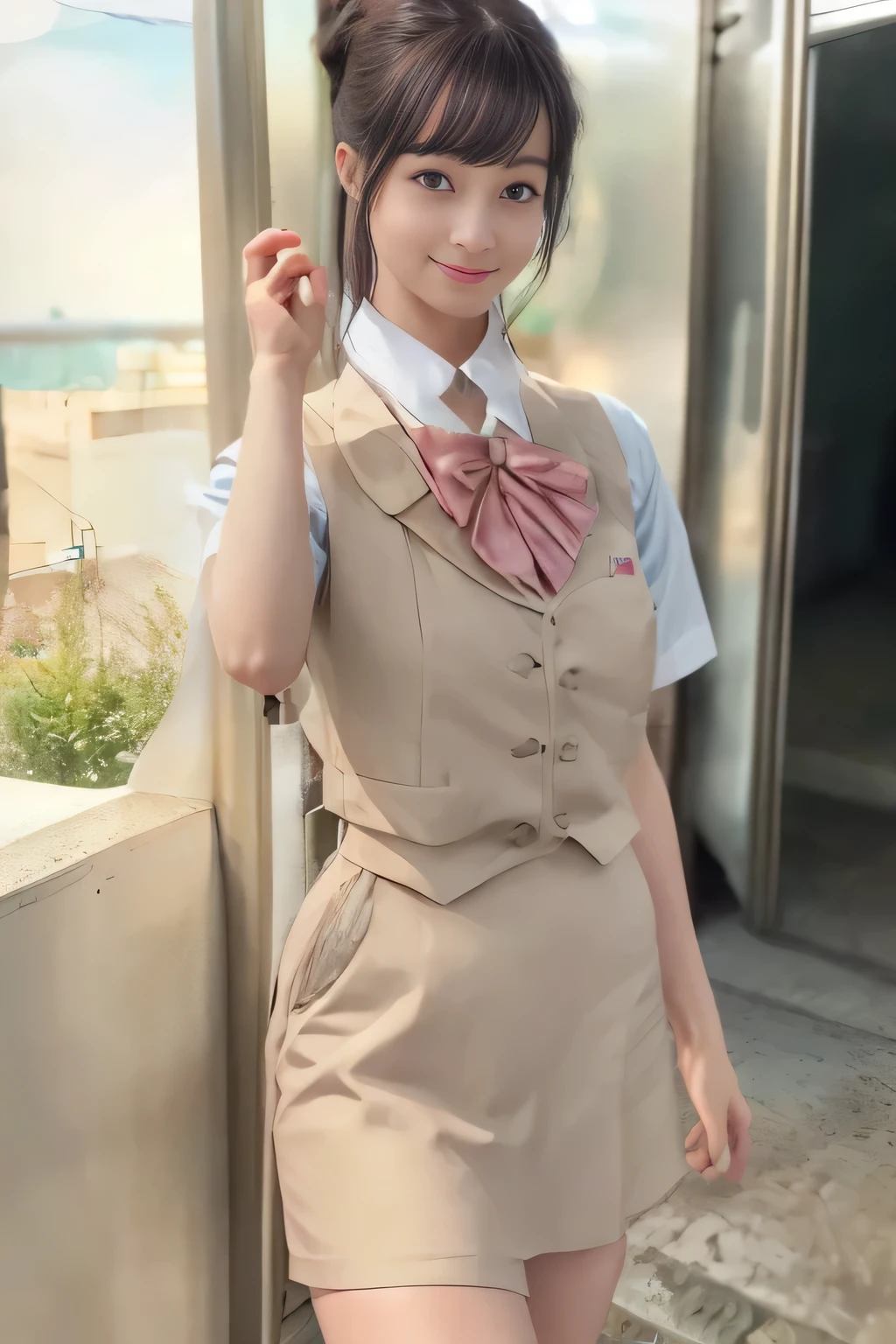 (masterpiece:1.2, Best Quality:1.2), 32K HDR, High resolution, (Alone、1 girl)、（On the roof of a building during the day、Professional Lighting）、Building rooftop background、（Real style of JR Woman wearing train crew uniform beige）、（（JR Female Train Crew Uniform Beige Light Blue Blouse Short Sleeve 、 Knee-length culottes skirt、Beige vest、scarf））、Dark brown hair、（Long Hair、Hair tied up、Hair tied up）、Dark brown hair、Long Shot、Big Breasts、Thin legs、（（Great hands：2.0）），（（Harmonious body proportions：1.5）），（（Normal limbs：2.0）），（（Normal finger：2.0）），（（Delicate eyes：2.0）），（（Normal eyes：2.0））)、smile、（JR Woman Train crew uniform beigeのKnee-length culottes skirtを見せた美しい立ち姿）、Hands down