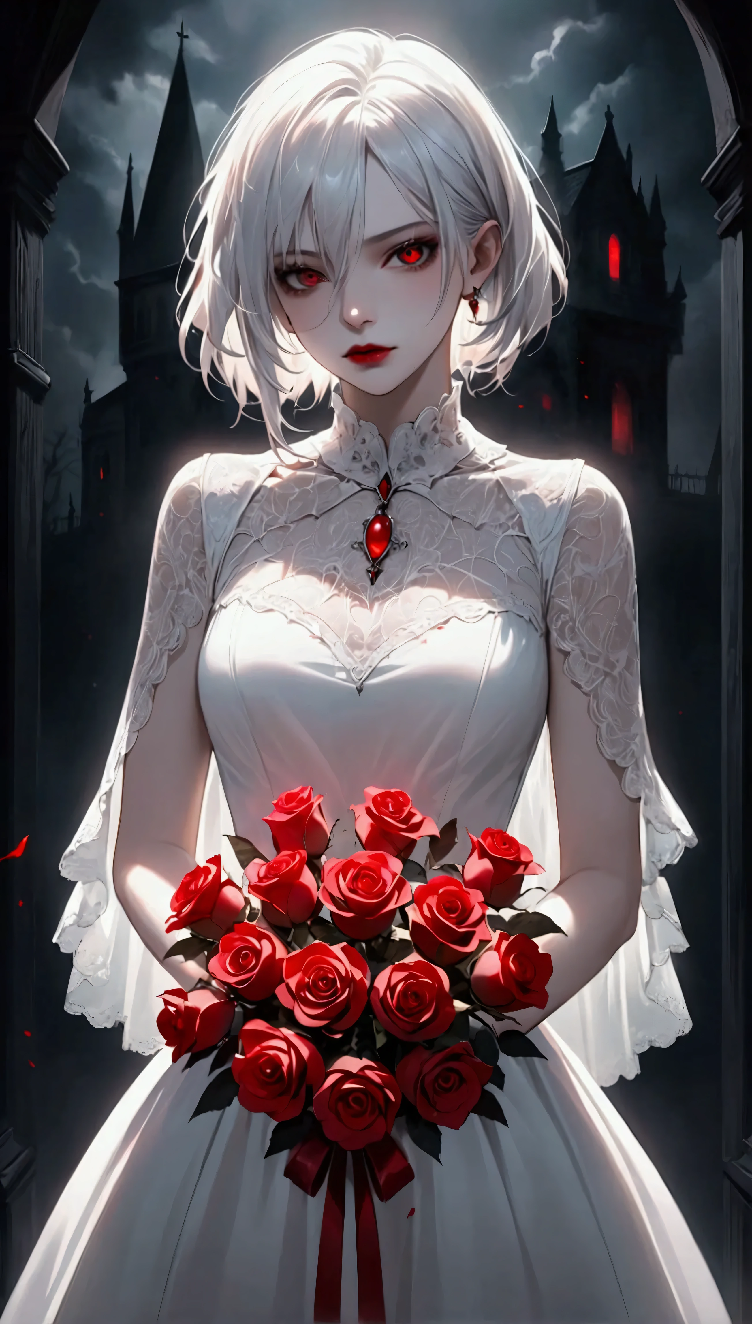 A striking female vampire stands against a dark, shadowy background. She has short, sleek white hair and glowing red eyes that pierce through the darkness. Her lips are wet with red stains, a sign of her recent feeding. She is dressed in an elegant, gothic white dress adorned with intricate lace details and vibrant red roses, which contrast sharply with the eerie atmosphere. The image captures the eerie beauty and deadly allure of the vampire, with every detail rendered in high fidelity and ultra quality. The overall composition is a masterpiece of visual delight, worthy of an award-winning digital artwork.