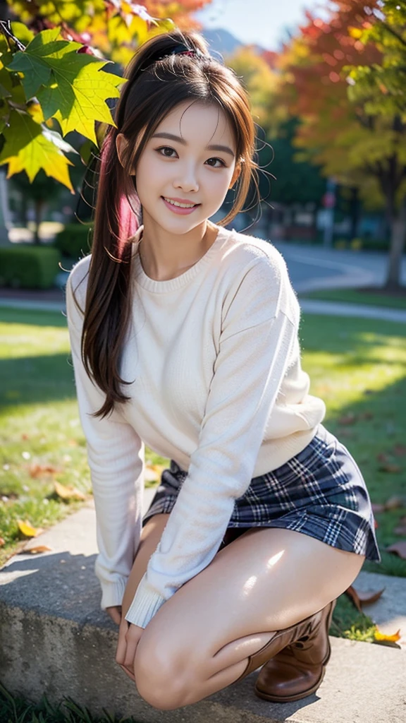 masterpiece, Ultra-high resolution, 4K, Best Quality, 1 person, ((whole body)), Beautiful and exquisite face, Beautiful, smooth skin, Skin Texture, 1, Baby Face, smile, autumn leaves, Mountain, boots, Checkered mini skirt, Long sleeve shirt, Pink mesh hair, Semi-long hair, Side Ponytail, Drawing a picture