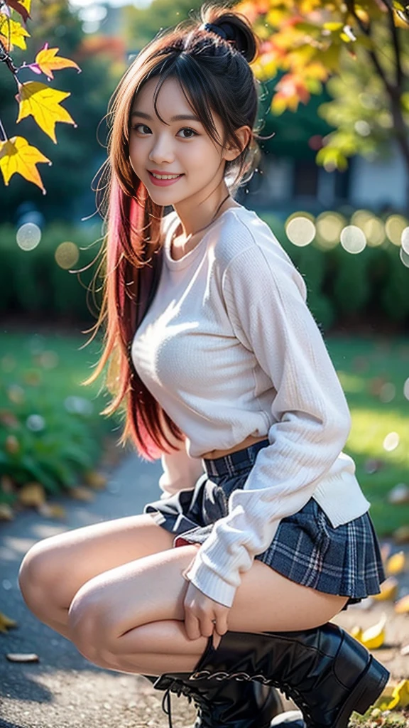 masterpiece, Ultra-high resolution, 4K, Best Quality, 1 person, ((whole body)), Beautiful and exquisite face, Beautiful, smooth skin, Skin Texture, 1, Baby Face, smile, autumn leaves, Mountain, boots, Checkered mini skirt, Long sleeve shirt, Pink mesh hair, Semi-long hair, Side Ponytail, Drawing a picture