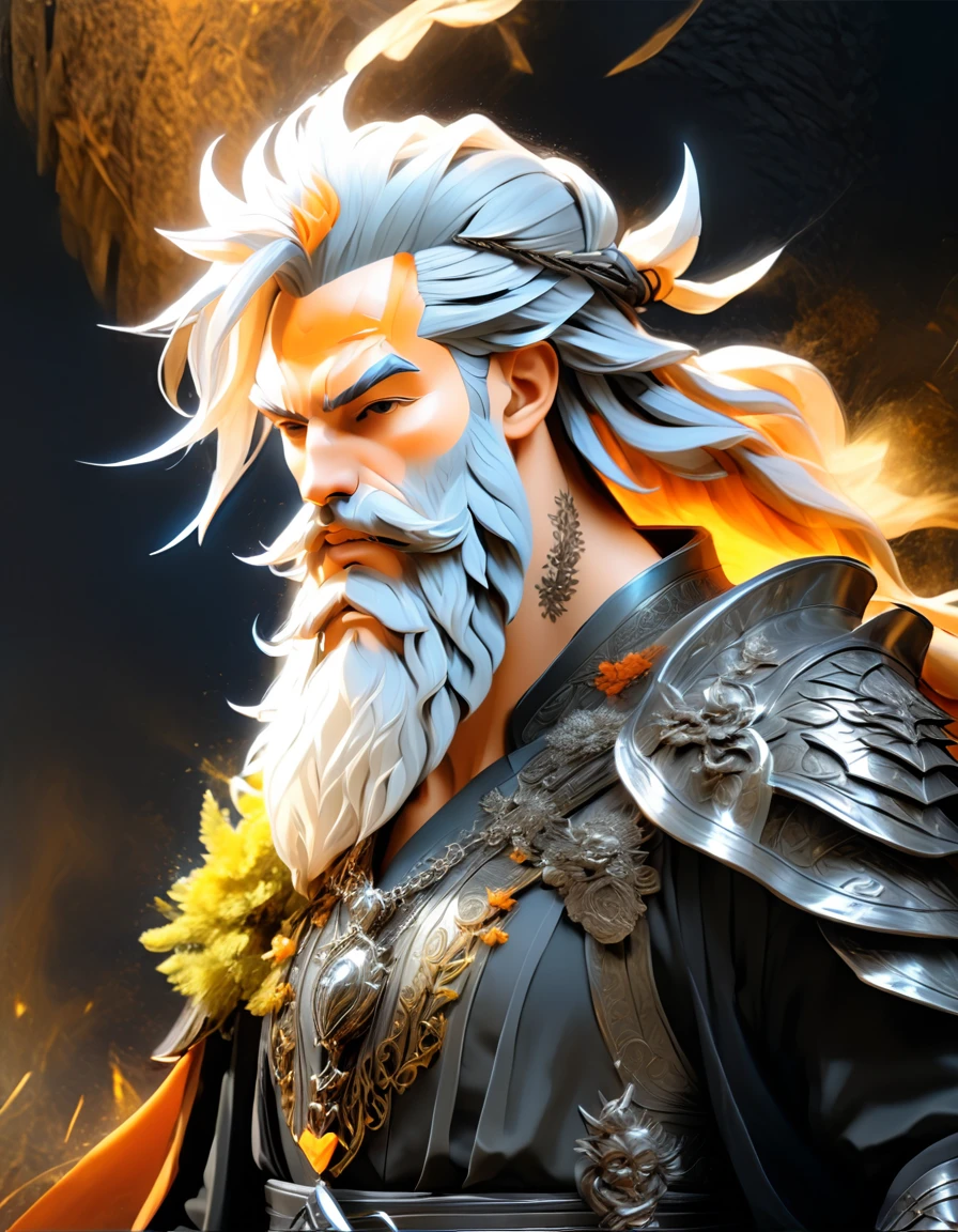 male, dwarf, (Masterpiece 1.5, intense details)cleric, paladin, (Masterpiece 1.5, intense details), casting a spell (Masterpiece 1.3, intense details),wearing heavy black armor with spikes (Masterpiece 1.2, intense details), orange cloak with sun symbol, flowing (Masterpiece 1.5, intense details) holy symbol, white hair, long braided beard, hair strand, frown, serious, high detail, Realism, Action painting, depth of field, god rays, wide shot, panorama, Ultra-Wide Angle, UHD, super detail, high quality, 16K, highres