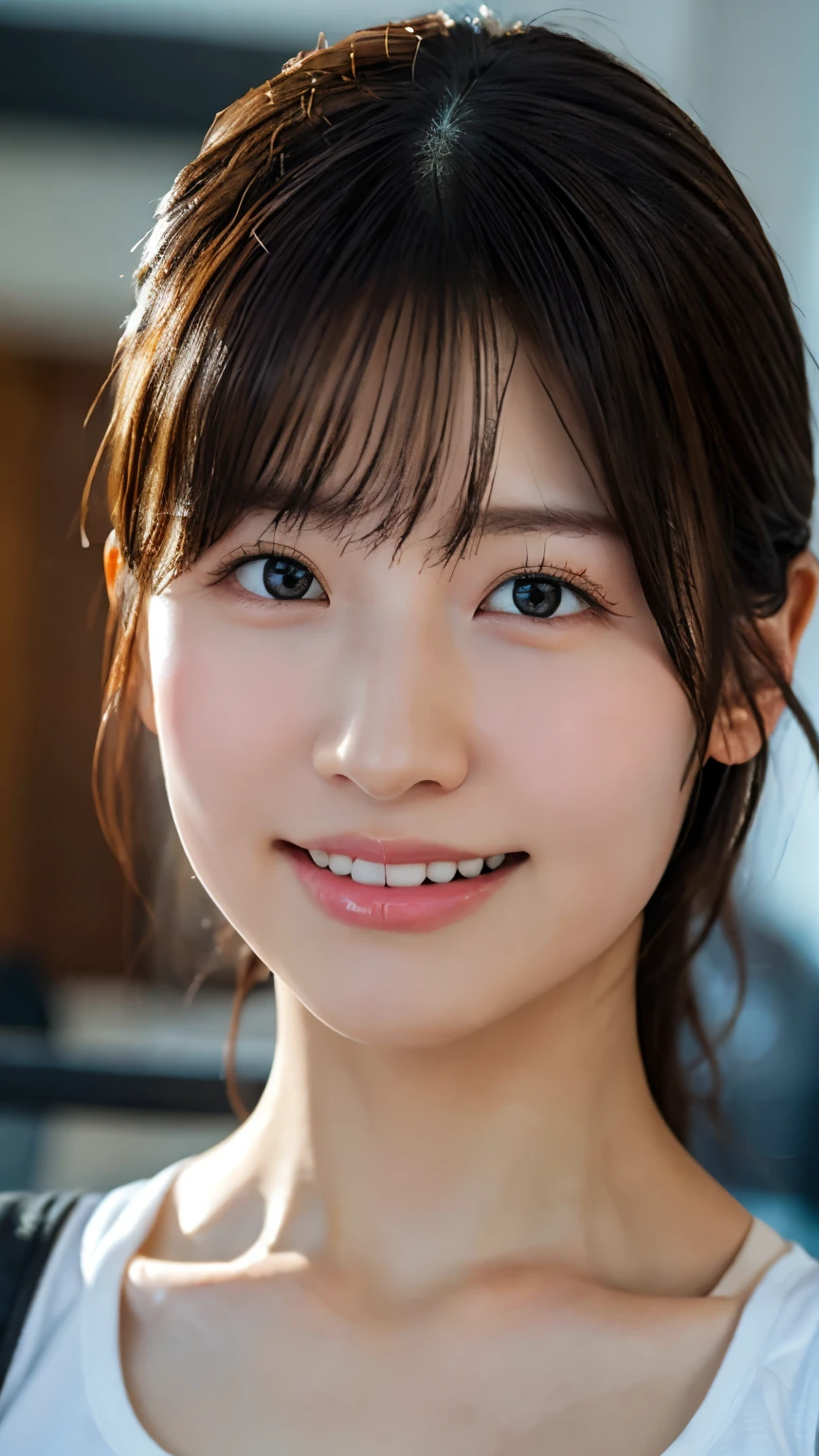 (Realistic: 1.4), (超Realisticな: 1.4), (Realistic: 1.3), (Smooth lighting: 1.05), (Improving cinema lighting: 0.9), 32K, 1 girl, 20-year-old girl, Realistic Lighting, Backlight, Face Light, [Ray Tracing, (Whitening Light: 1.2), (Image Enhancement: 1.4), ( Top quality real skin: 1.4), Beautiful Eyes, Beautiful Face, Beautiful Eyes, (Improve the appearance of your body line: 1.1), (Improves the beauty of skin texture: 1.1), Gym clothes that fit perfectly,smile、smile