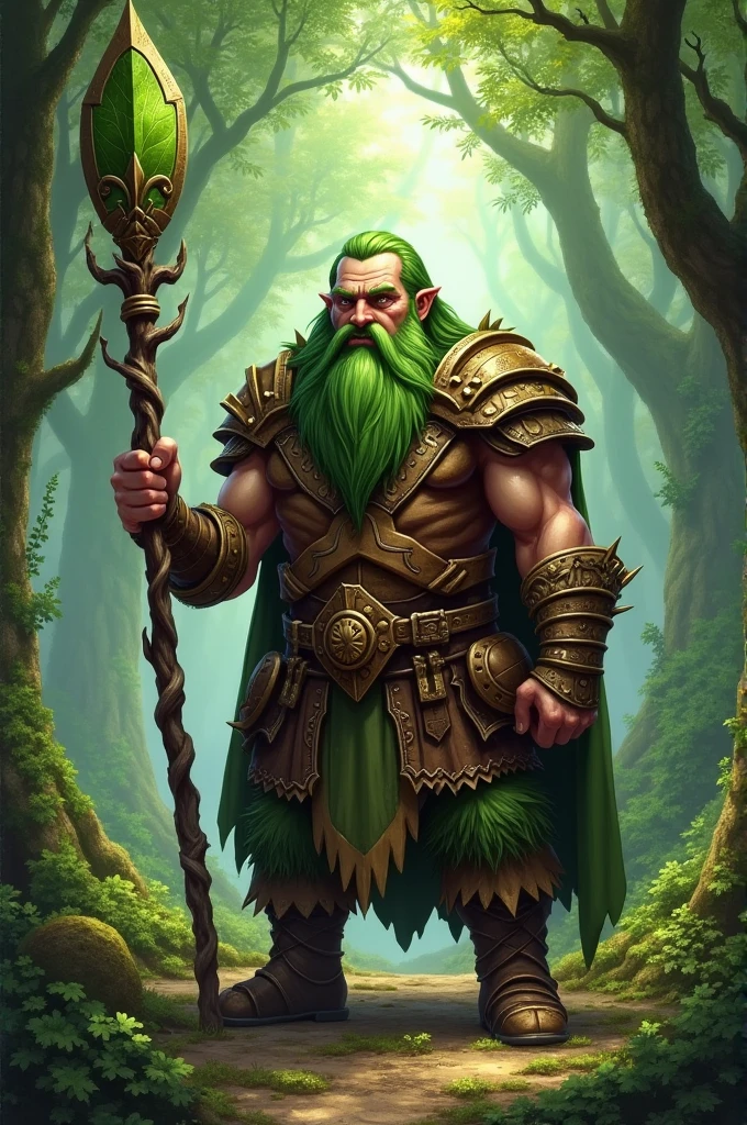 bellow shot of a intimidating male firbolg barbarian who uses a huge tribal totem for weapon, firbolg, D&D style, half giant, long green cape, clothes in shades of green, long clothes with sleeves, grey eyes, clothes covering the abdomen, druid clothes
