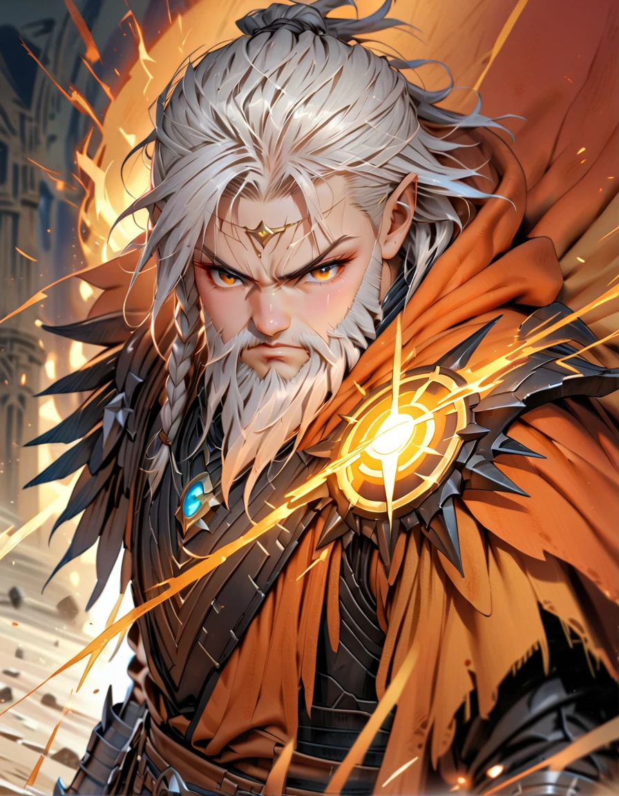 male, dwarf, (Masterpiece 1.5, intense details)cleric, paladin, (Masterpiece 1.5, intense details), casting a spell (Masterpiece 1.3, intense details),wearing heavy black armor with spikes (Masterpiece 1.2, intense details), orange cloak with sun symbol, flowing (Masterpiece 1.5, intense details) holy symbol, white hair, long braided beard, hair strand, frown, serious, high detail, Realism, Action painting, depth of field, god rays, wide shot, panorama, Ultra-Wide Angle, UHD, super detail, high quality, 16K, highres