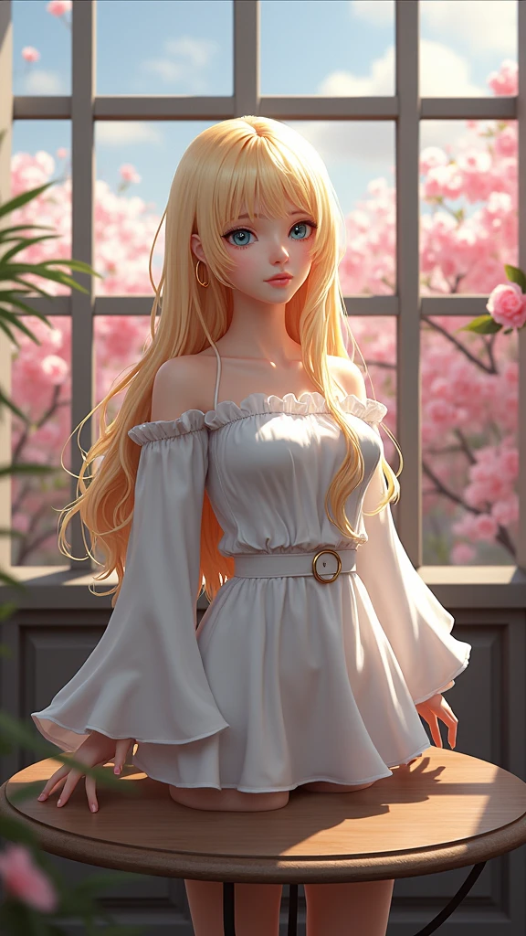 Masterpiece, Young Beautiful Girl. Long blonde hair. Braided hair. 1girl, AS-Adult, long-haired, blonde hair, medium-breasts. Brown eyes, braided hair, no bangs, symmetrical face. She wears a white shirt and blue skirt. Beautiful legs. (Best Illustration), (beautiful-detailed eyes), (Best Quality Face, Fingers), Symmetrical, smooth, sharp focus, illustration, realistic, artstation, award winning photography, octane render, cinematic lighting from the right, hyper realism, octane render, 8k, depth of field, 3D. She looks at the viewer. Full figure. Background inside a garden full of roses
