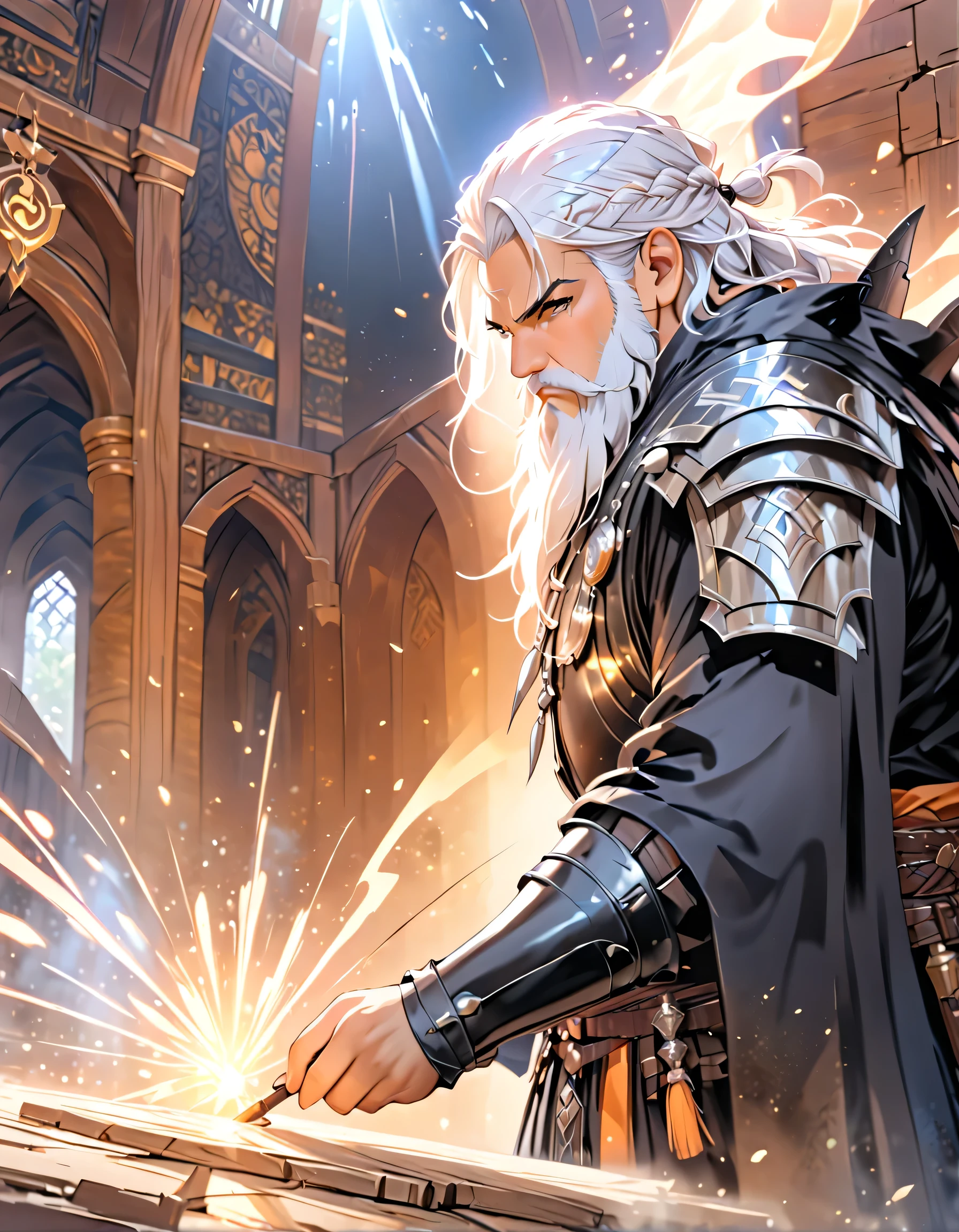 male, dwarf, (Masterpiece 1.5, intense details)cleric, paladin, (Masterpiece 1.5, intense details), casting a spell (Masterpiece 1.3, intense details),wearing heavy black armor with spikes (Masterpiece 1.2, intense details), orange cloak with sun symbol, flowing (Masterpiece 1.5, intense details) holy symbol, white hair, long braided beard, hair strand, frown, serious, high detail, Realism, Action painting, depth of field, god rays, wide shot, panorama, Ultra-Wide Angle, UHD, super detail, high quality, 16K, highres