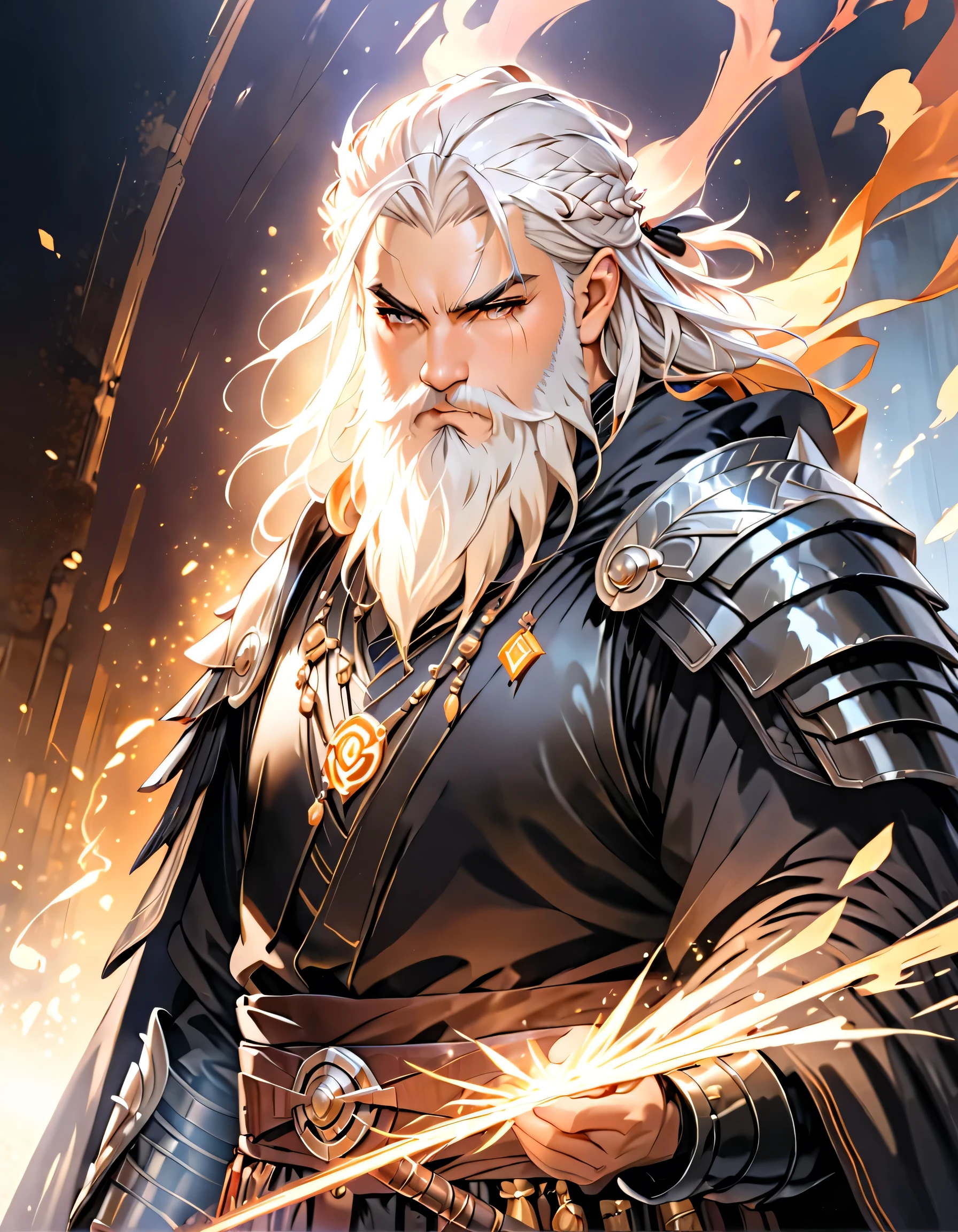 male, dwarf, (Masterpiece 1.5, intense details)cleric, paladin, (Masterpiece 1.5, intense details), casting a spell (Masterpiece 1.3, intense details),wearing heavy black armor with spikes (Masterpiece 1.2, intense details), orange cloak with sun symbol, flowing (Masterpiece 1.5, intense details) holy symbol, white hair, long braided beard, hair strand, frown, serious, high detail, Realism, Action painting, depth of field, god rays, wide shot, panorama, Ultra-Wide Angle, UHD, super detail, high quality, 16K, highres