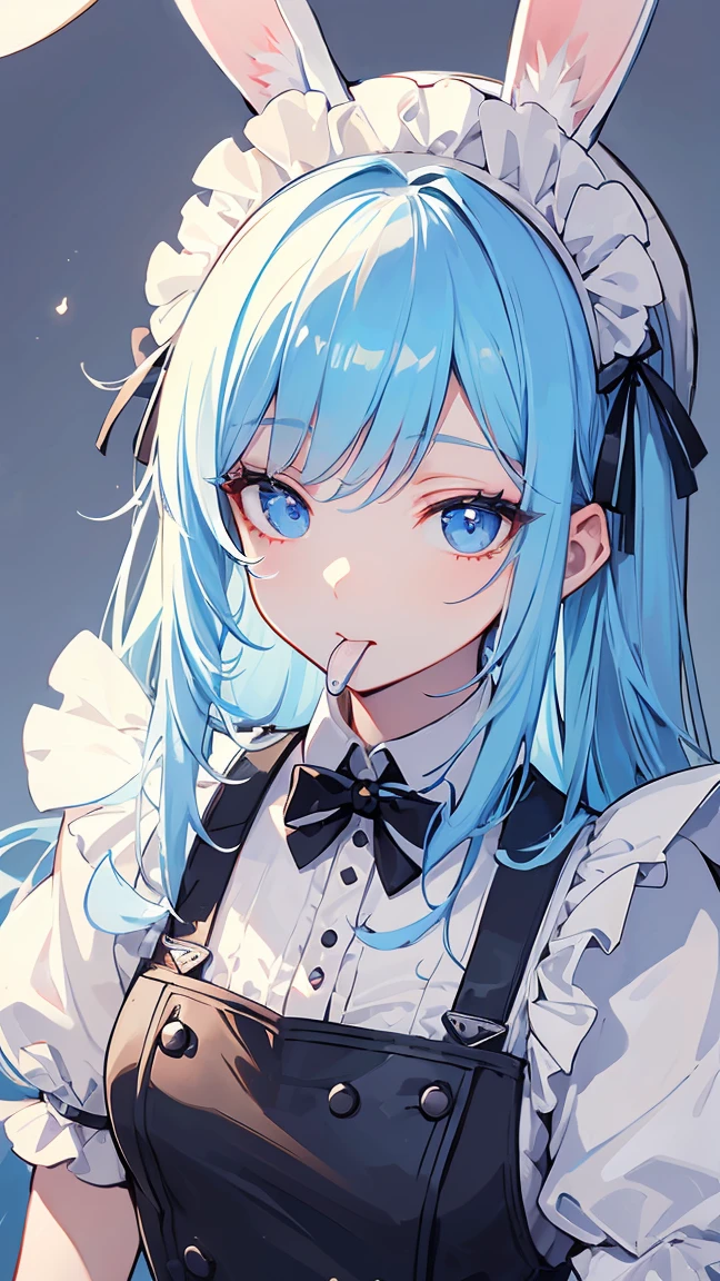 (masterpiece), anatomically correct, accurate, textured skin, high details, high quality, (best quality), (super detail), perfect detailed eyes, perfect detailed face, ultra-detailed nose, Maid, maid outfit, maid apron, white brim, light blue hair, long hair, messy hair, rabbit ears, naughty face, oral invitation, wink