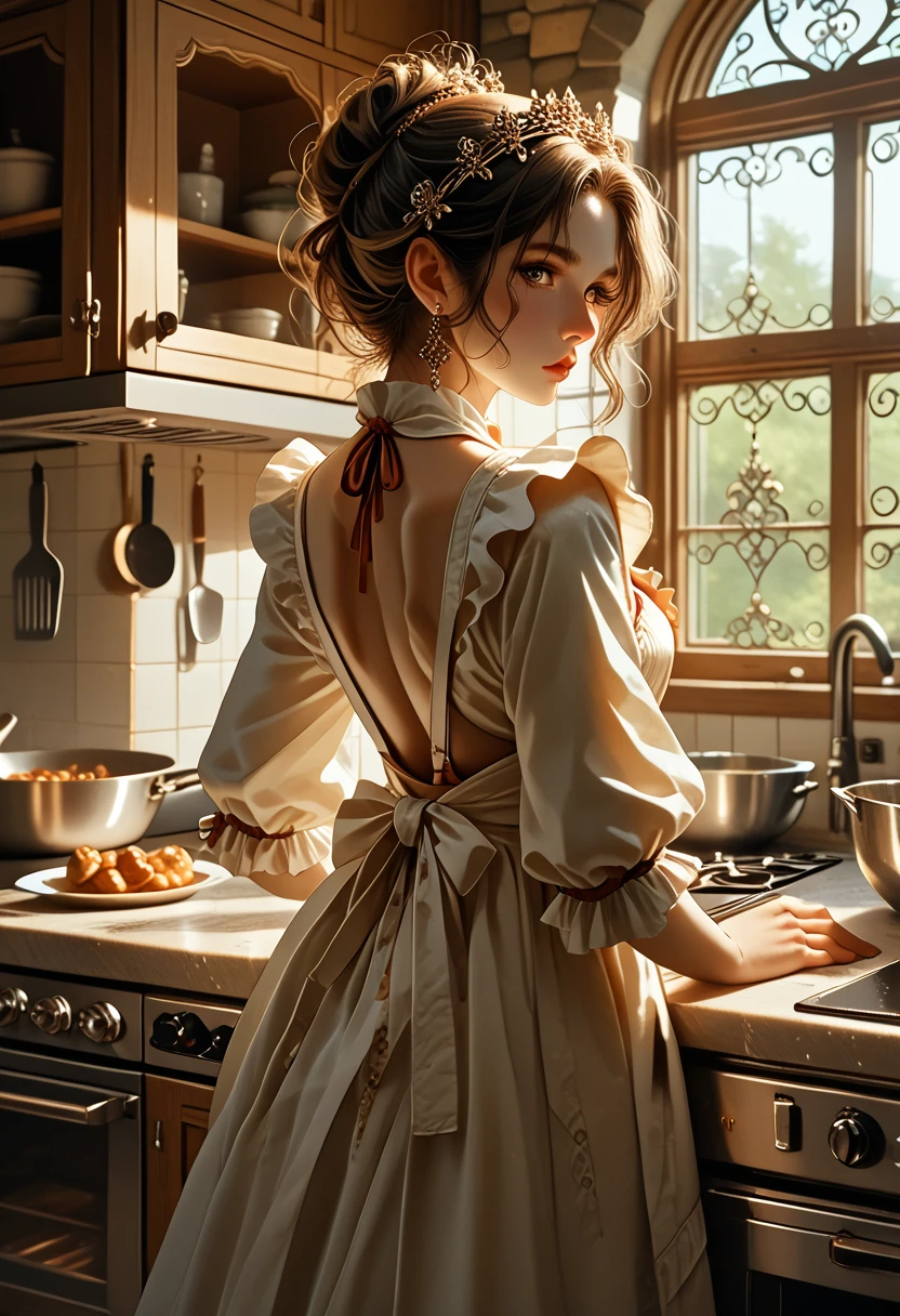 ВКР style, , obscene pose, seductive look look, apron, kitchen, medieval setting