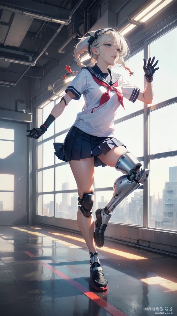 Full Body Shot,Perfect Eyes, Soft Light, high quality, 8k resolution, Masterpiece: Finely textured skin, Attention to detail, 最high quality, Awards, Very detailed, high quality,(( Girls,Student Uniform,High school girl,Body 30％mechanical,Laugh naturally:1.35,The left leg is a prosthetic:1.25,His right arm is a complete prosthetic.,,Prosthetic arms and legs are futuristic,Soft looking lips,Glowing skin,Hair is braided,Hair Accessories,Soft-looking skin:1.25)),100 Meter Sprint:1.25,Running at full speed,I&#39;m good at running,Run with your thighs up,Long distance running,She wears shorts under her skirt:1.25,Raising smoke