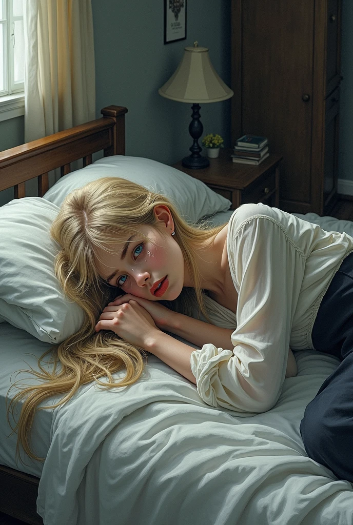 A bleeding blonde young woman laying at her back in a coma at the floor of her home and blood around her, pixar style, cinematic, masterpiece, high-aesthetic, portrait