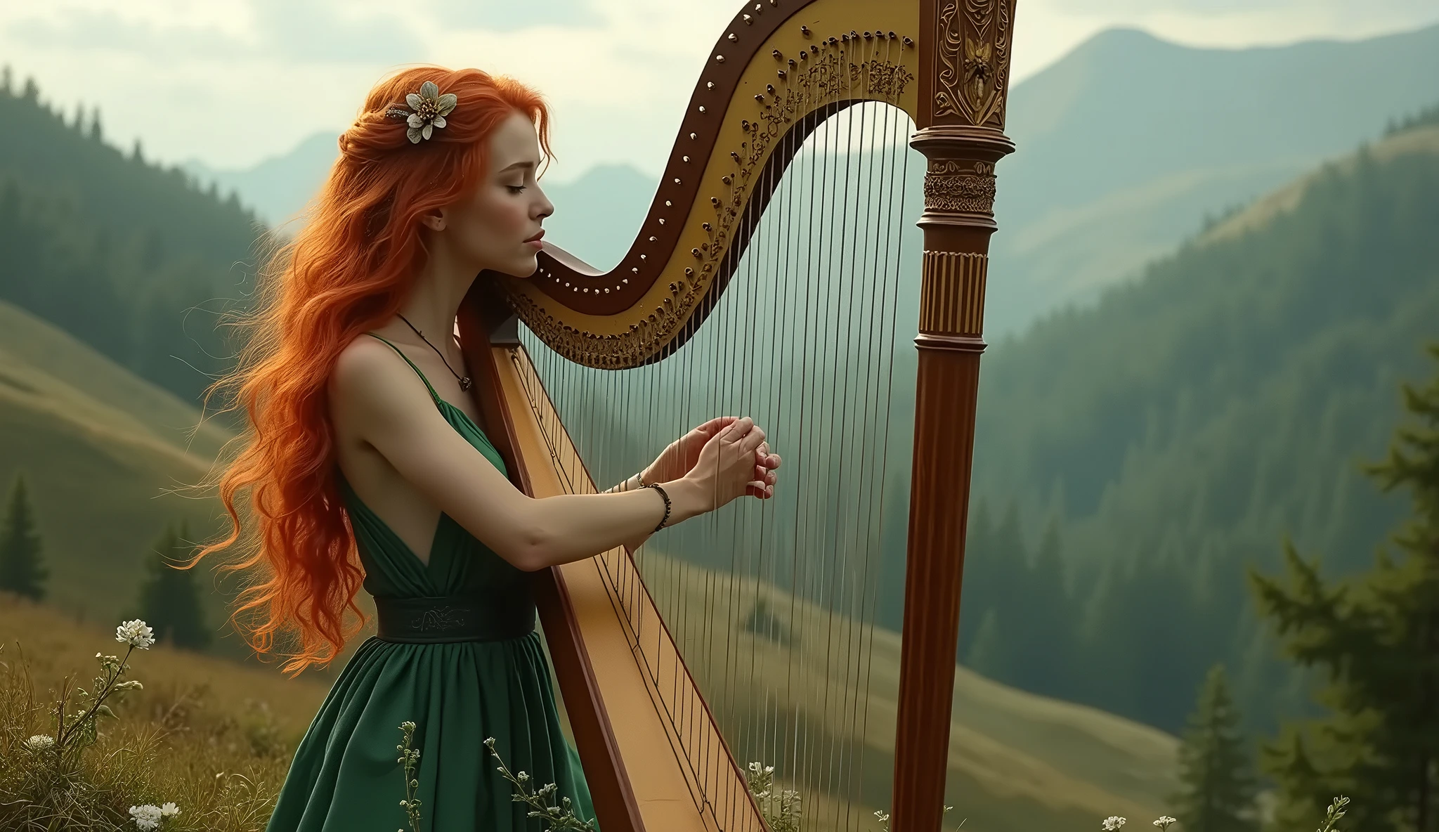 A fantasy, beautiful girl playing Harp, she's wearing a white sheer transparent sexy dress, she has large breast and long ginger hair, her dress is very low cut revealing clearage, she is wearing emeralds and silver, there is an Irish castle in the background, she is the most beautiful woman in the world, with a soft smile