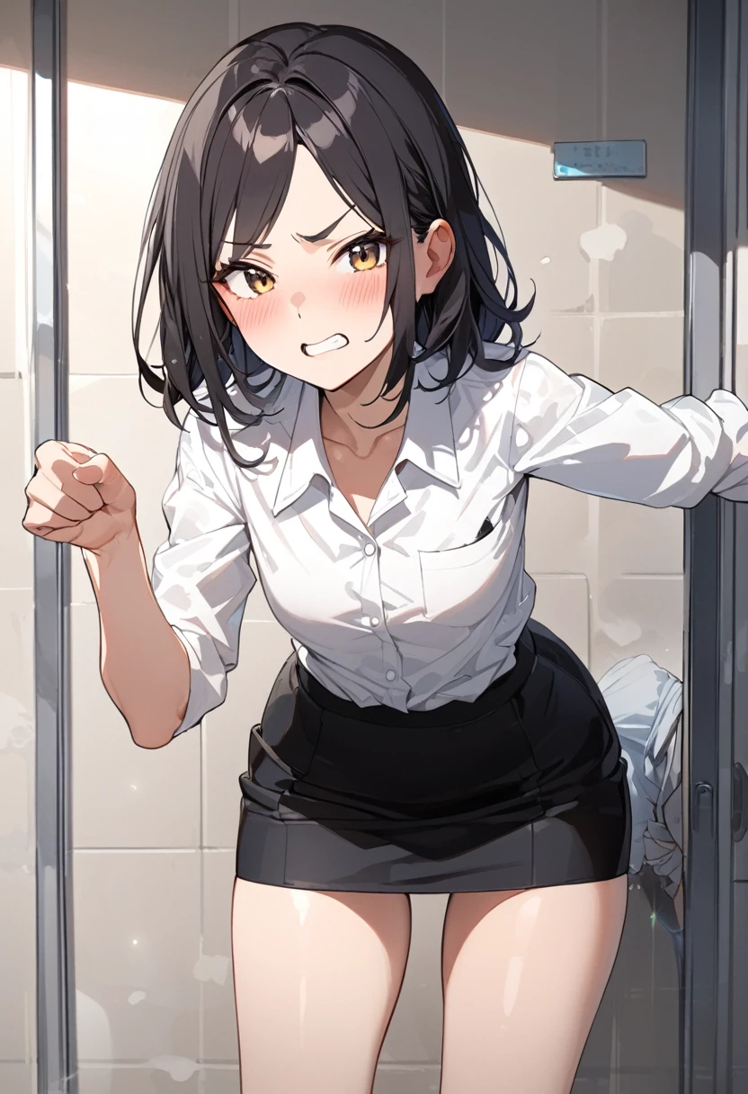 NSFW, (masterpiece, top quality, best quality, highly detailed:1.6), extremely detailed CG unity 8k wallpaper, (full body), wide shot, long shot, (leaning forward,close knees, hands between legs, pee running down legs:2), ((standing)), (((clutching crotch))), strong facial expression, (sharp eye:1.2), (scowl:1.1), (embarrassed, blush:1.3), (steam:2.9), (wet:1.2), (sweat:1.1), (trembling:1.3), (open mouth, wavy mouth:1.4), (saliva, drooling:1.7), (open eyes:2.9), (looking up, Gazing Upward:2.5), (no pupils, empty eyes:2.7), (feeling weak:1.5), (shoot from front, looking at viewer:1.2), (suit, long Pencil Skirt:1.8), high-heels, office, Windows overlooking the bustling street, (woman in the office room, indoor, business suit, eye wear, earrings:1.5), under-rim glasses, (long hair, low ponytail, dark brown hair:1.5), (woman trembling with sexual climax:1.5),(at midnight), night, at dawn, (Be incontinent:1.5), colorful, perfect composition, urination, incontinence, piss, peeing self, (((pee stream))), (pee puddle), wetting herself, pee stain, large breasts, Yellow pee, ((leaking pee)), puddle of pee, Pee at your feet, Pee spread on the floor, Pee stains, Dripping pee between my legs, Feet wet from pee, Pee-covered feet, Pee at your feet, want to pee, about to pee, Full bladder, Pee-soaked skirt, Pee-soaked high-heels, natural makeup,