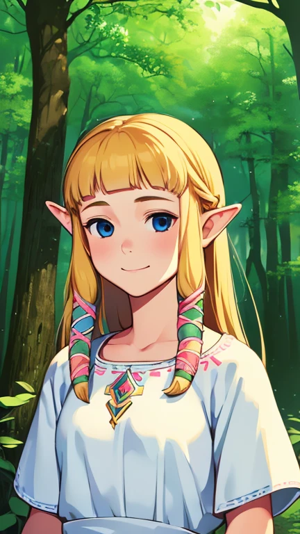 (1girl, solo, highly insanely detailed, masterpiece, top quality, best quality, highres, 4k, 8k, RAW photo),((innocent look)),((Childish)),From the front, symmetrical composition,smile,cute,Innocent,Kind eyes, forest, (takamichi style), (princess zelda), upper body, white dress, hair tubes, hair ribbon