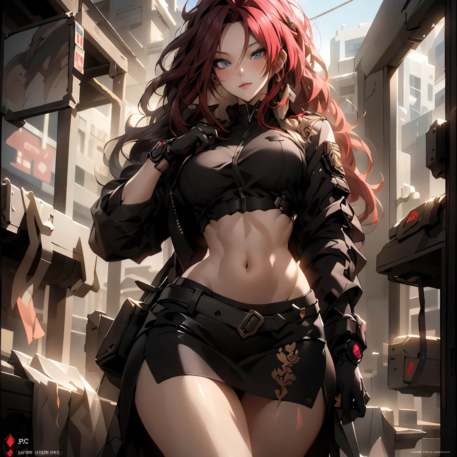 (best quality)), ((Masterpiece)), (details:1.4), 3d, HDR (high dynamic range), an image of a beautiful cyberpunk female, Red hair, Curtain Bangs, Red eyes, hips up, จมูกโด่ง, ปากแดง, หน้าอกใหญ่, nvidia RTX, PBR surface, After processing, Anisotropic filtration,depth of field, Maximum clarity and clarity, multi-layered surface, Subsurface scattering, perfect proportions, 8K raw files, ultra detailed, Perfect proportions, volumetric lighting, soft lighting, Holy Paladin, Heavy black Armor, glossy skin, gorgeous, intricate grey background, strong back lighting, jewely, ต่างหู, นิ้วมือสมบูรณ์, กระโปรงสั้น