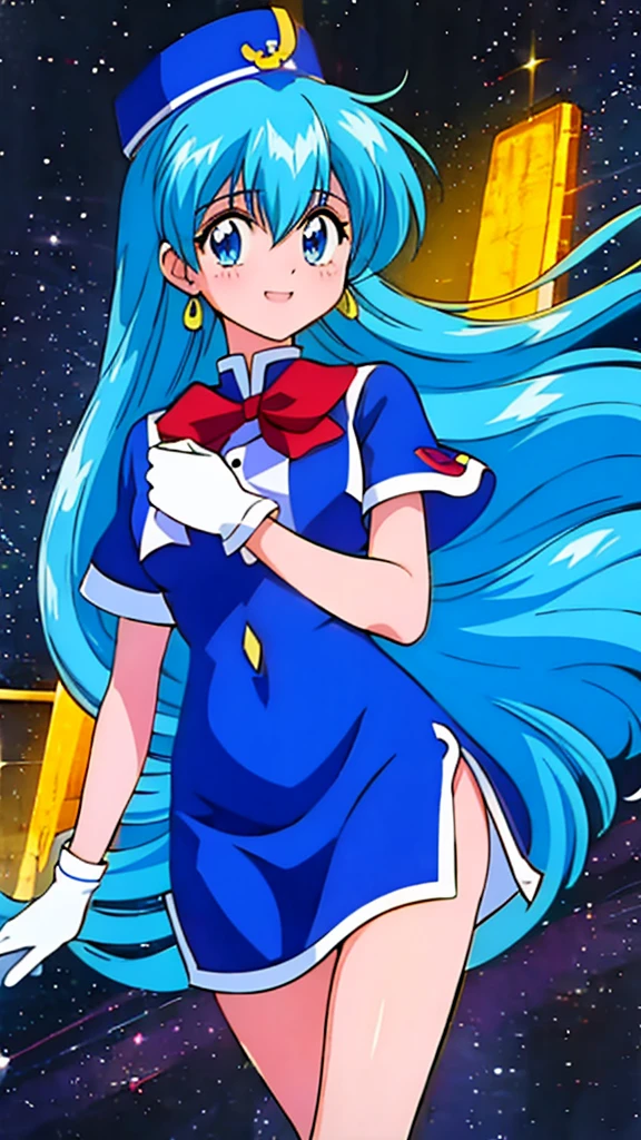 高いquality illustration, masterpiece, Very delicate and beautiful, masterpiece, Best Quality, High resolution, Very detailed, Perfect lighting, 1 girl,Blue Hair Color，The eyes are very sensitive、Blue Uniform、Slit Skirt、hat、Red ribbon