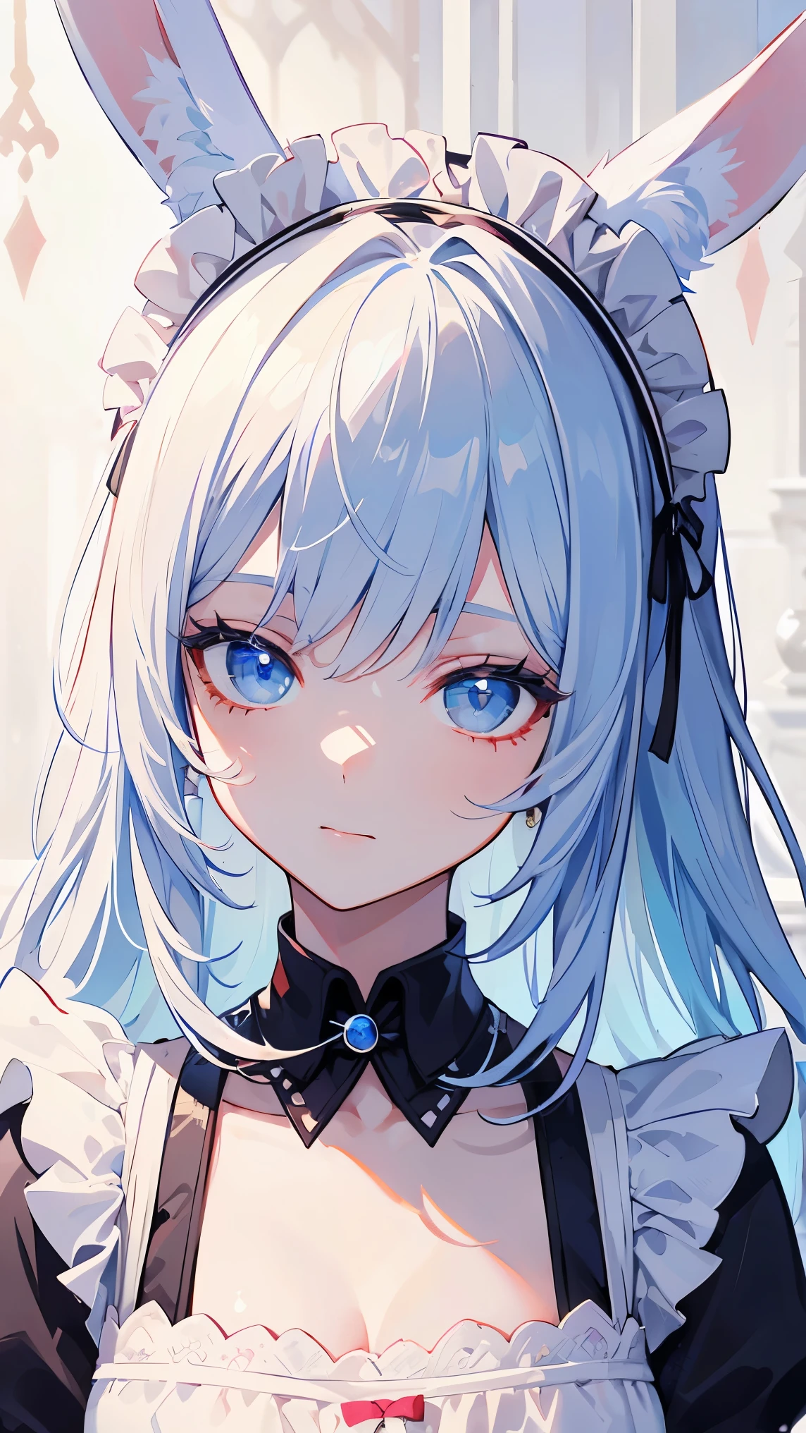 (masterpiece), anatomically correct, accurate, textured skin, high details, high quality, (best quality), (super detail), perfect detailed eyes, perfect detailed face, ultra-detailed nose, Maid, maid outfit, maid apron, white brim, light blue hair, long hair, messy hair, rabbit ears, naughty face, wink