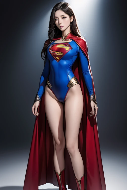 masterpiece（Just like the whole body:1.1），Slender women，Beautiful and attractive Chinese woman face，Superman&#39;s uniform，White Stockings，High heel leather shoes， 1 female，Small waist，Long legs，naked，Raised to be sexy，Large Breasts，nakedの胸，下半身naked，