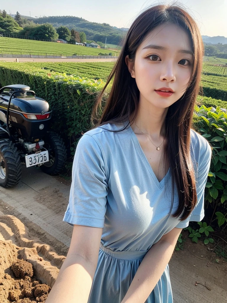 Japonesa a 21 anos, seios pequenos, olhos sensual sorrindo bonito, olhar frontal, cabelo curto,  Planting vegetables, alface, farm, rural, Campo rural, cenoura, couve, pepino, arroz, Beanstalk, batata, milho, tomate