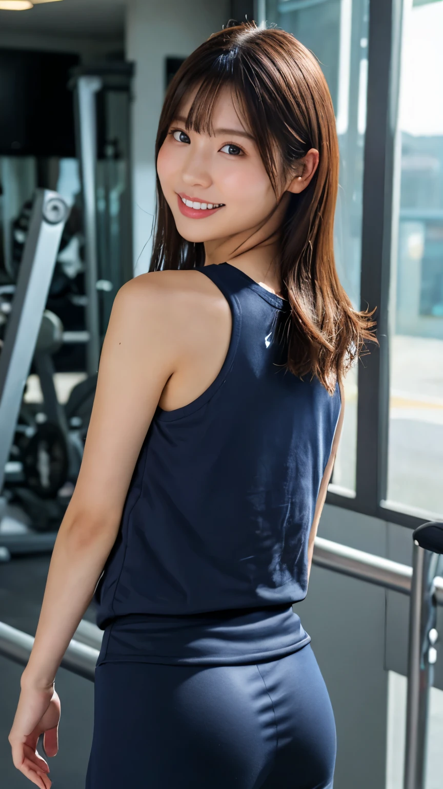 (Realistic: 1.4), (超Realisticな: 1.4), (Realistic: 1.3), (Smooth lighting: 1.05), (Improving cinema lighting: 0.9), 32K, 1 girl, 20-year-old girl, Realistic Lighting, Backlight, Face Light, [Ray Tracing, (Whitening Light: 1.2), (Image Enhancement: 1.4), ( Top quality real skin: 1.4), Beautiful Eyes, Beautiful Face, Beautiful Eyes, (Improve the appearance of your body line: 1.1), (Improves the beauty of skin texture: 1.1), Gym clothes that fit perfectly,smile、smile