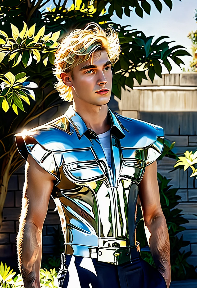 masterpiece of photorealism, photorealistic highly detailed 8k photography, best hyperrealistic quality, volumetric lighting and shadows, young man in pegasus saint_armor, wedge cut light blonde, Bonsai Gardens in Afternoon Light, Cinematic Low-Angle Shot