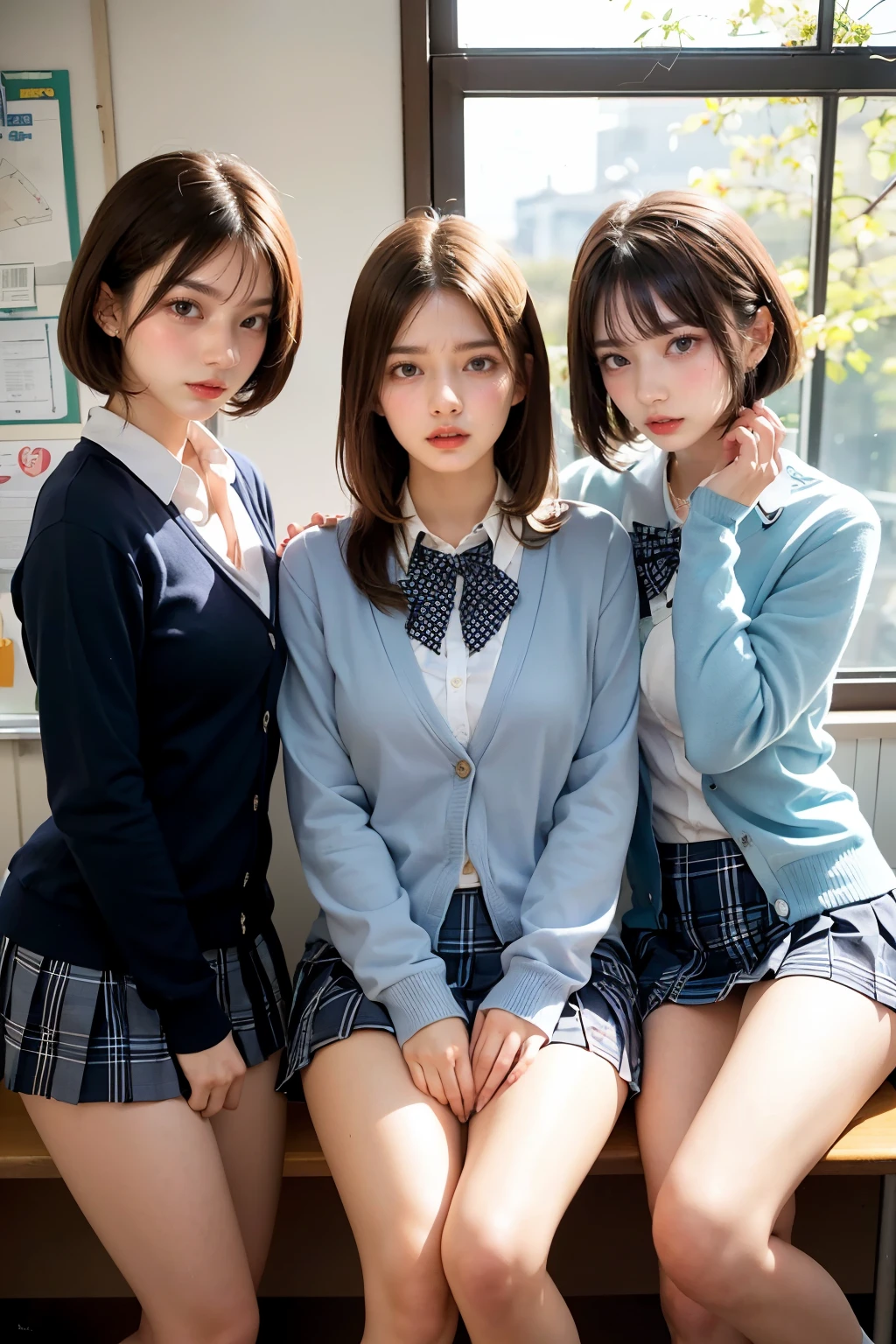 Masterpiece, 4K, bokeh, school uniform, Beautiful girls, group photo, harem, multiple girls, (Three girls in:1.6), (Bob hair:1.3), close up, classroom, sunset, Looking at the viewer, cowboy shot

BREAK (cute school uniform:1.3), ((outerwear is dark navy cotton cardigan, closed front, long sleeves, dark navy tops):1.3), (button-up:1.5), (innerwear is plain white collared shirt:1.3), (light blue gingham plaid ribbon on neck:1.4), ((light blue gingham plaid pleated skirt, mini skirt):1.3), ((white socks, loafers):1.2),



