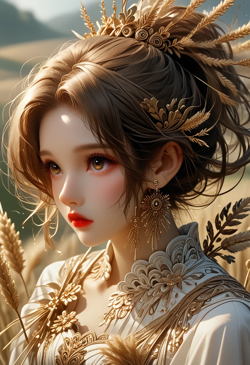 (masterpiece:1.4),, (Best quality:1.4),, ultra high resolution,, 8 k, computer graphics,, (extremely delicate and beautiful:1.2),, , upper body,, from the outside,, looks at the viewer,, , 1 girl,, One,, fashionable woman,, Mature girl,, , Cute, sweet,, , in a wheat field,, blurred background,, , long brown hair,, hair in ponytail,, , brown eyes,, closed mouth,, red lips,, , face, windblown,, , white dress,, medium breasts,