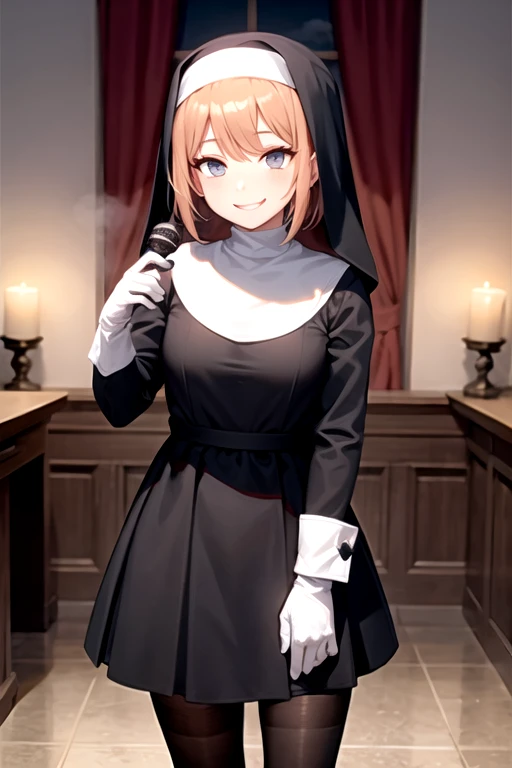 masterpiece, best quality, detailed face, detailed eyes,   <lora:style - cutesexyrobutts - 0.85:0.5>,  <lora:HUGou:0.5>, smirk, priest, smile, short hair, brown hair, purple eyes, 1boy, flat chest, HUGou, ((miter,)) fantasy, indoors, church, stained glass, cross necklace, praying, pew, full body,