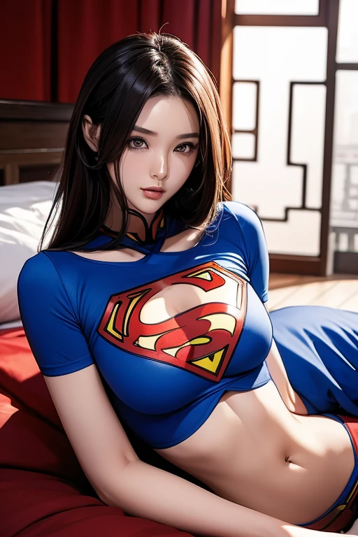 masterpiece（Just like the whole body:1.1），Slender women，Beautiful and attractive Chinese woman face，Superman&#39;s uniform，White Stockings，High heel leather shoes， 1 female，Small waist，Long legs，naked，Raised to be sexy，Large Breasts，nakedの胸，下半身naked，