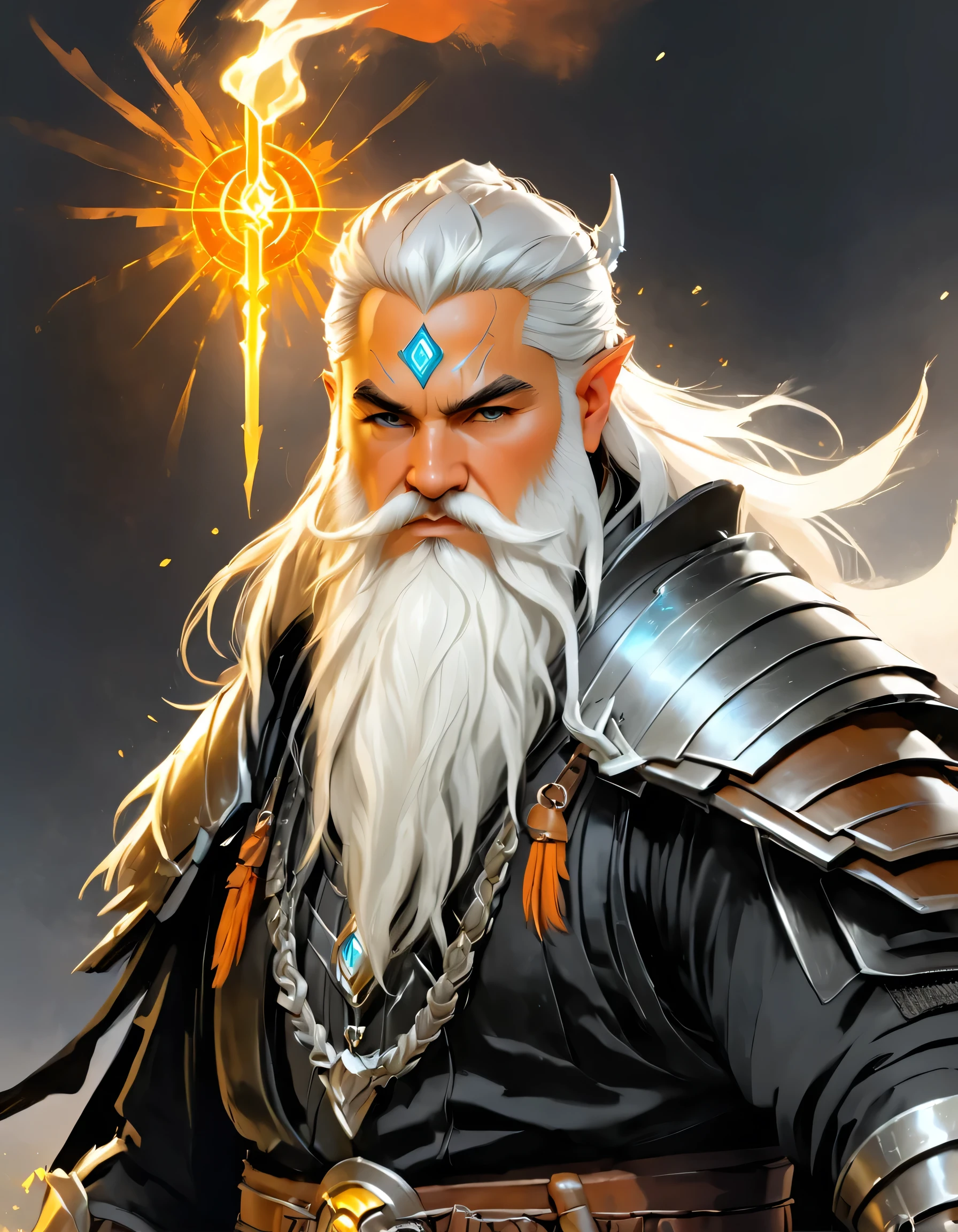 male, dwarf, (Masterpiece 1.5, intense details)cleric, paladin, (Masterpiece 1.5, intense details), casting a spell (Masterpiece 1.3, intense details),wearing heavy black armor with spikes (Masterpiece 1.2, intense details), orange cloak with sun symbol, flowing (Masterpiece 1.5, intense details) holy symbol, white hair, long braided beard, hair strand, frown, serious, high detail, Realism, Action painting, depth of field, god rays, wide shot, panorama, Ultra-Wide Angle, UHD, super detail, high quality, 16K, highres