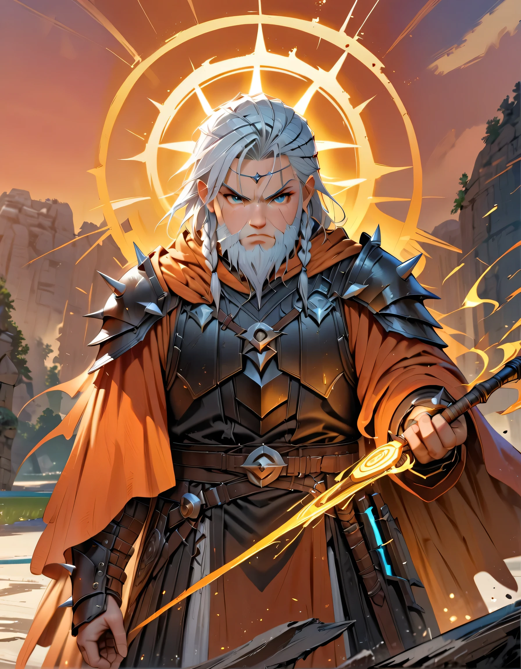 male, dwarf, (Masterpiece 1.5, intense details)cleric, paladin, (Masterpiece 1.5, intense details), casting a spell (Masterpiece 1.3, intense details),wearing heavy black armor with spikes (Masterpiece 1.2, intense details), orange cloak with sun symbol, flowing (Masterpiece 1.5, intense details) holy symbol, white hair, long braided beard, hair strand, frown, serious, high detail, Realism, Action painting, depth of field, god rays, wide shot, panorama, Ultra-Wide Angle, UHD, super detail, high quality, 16K, highres