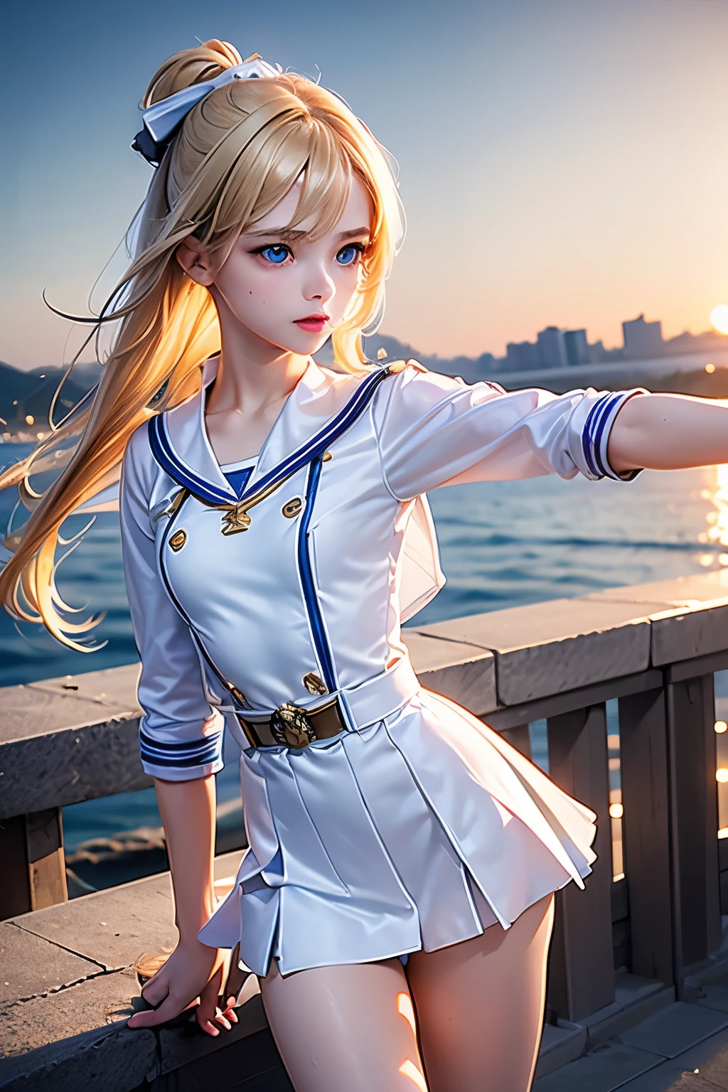 masterpiece,Best Quality,Very detailed,beautiful girl, ager,Sailor suit,uniform,Outdoor,Ultra Future City,Small breasts,Narrow waist,Straight blonde hair,Perfect Blue Eyes,Very cute,Active pose
