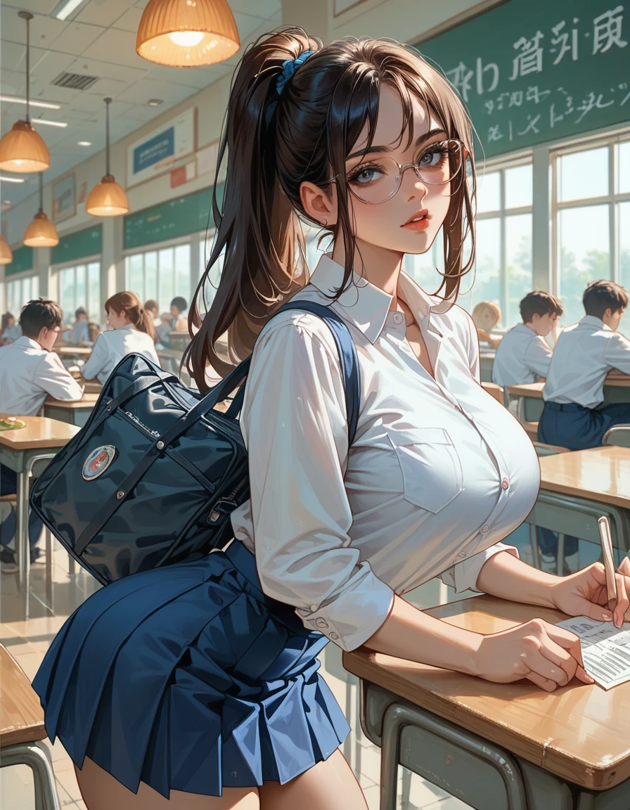 indonesian woman, black fashionable ponytail, white shirt with school emblem on pocket, blue tight uniform skirt, big natural breasts, big rounded ass, seductive look, thin frame glasses, make-up, school cafeteria background