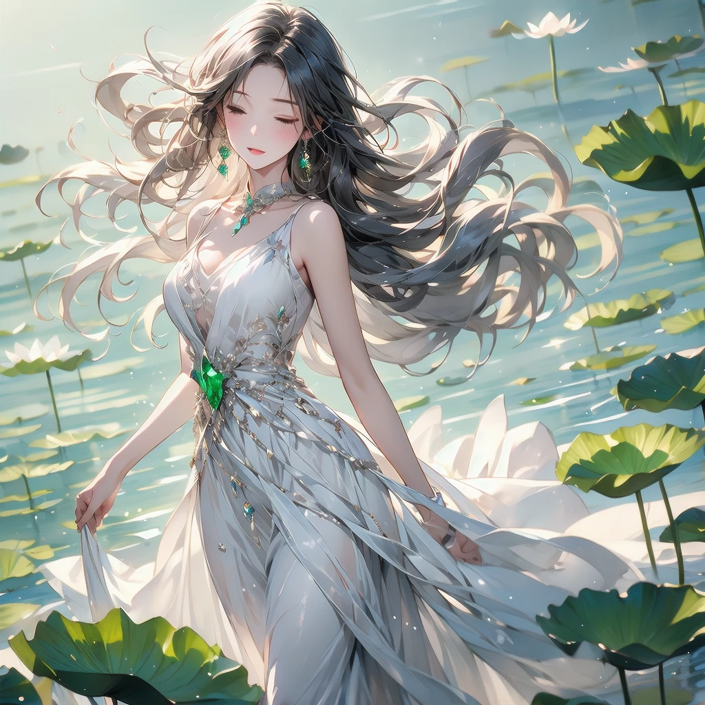 Top quality ultra-fine illustrations by Alphonse Mucha, Art nouveau, bathing in water, beautiful refraction of water, white dress soaked in water, transparent clothing, Delicate and elegant linework, Decoration with plant motifs, Geometric decoration, Poetic atmosphere, Rich colors, Dreamy, mystical, erotic(In the forest where the stream flows, Backlighting)(beautiful face and eyes with great detail)(angelic cute girl, solo focus)absurdres, perfect anatomy, full body, Smile(portrait),