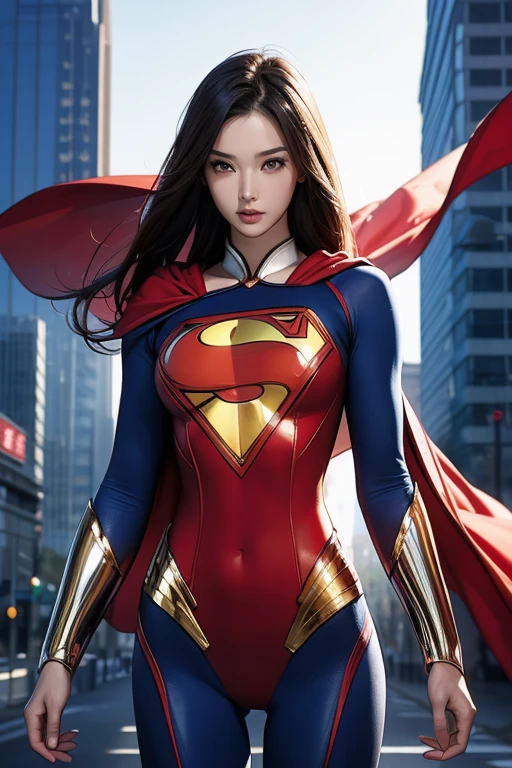 masterpiece（Just like the whole body:1.1），Slender women，Beautiful and attractive Chinese woman face，Superman&#39;s uniform，White Stockings，High heel leather shoes， 1 female，Small waist，Long legs，naked，Raised to be sexy，Large Breasts，nakedの胸，下半身naked，