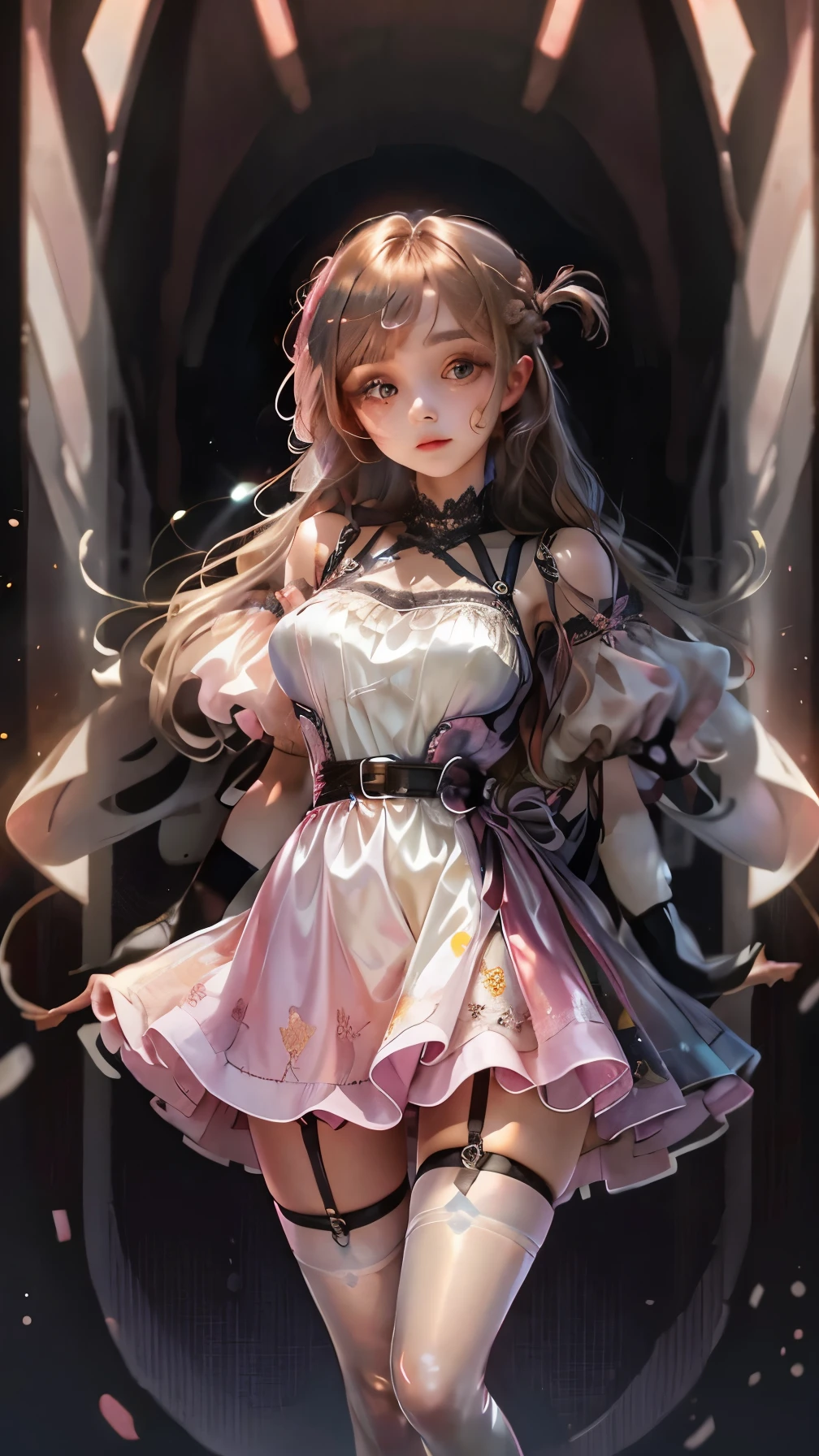 One Japanese person、Cute、slightly round face、Fair-skinned beautiful girl。Her hair is a platinum gold bob.。The outfit is a pink thin lace top.、Tops with floral patterns、Off-the-shoulder tops、The skirt is made of a lot of wine red thin lace.、A skirt with a small floral print that flares out、Belly-baring skirt、Two-piece punk goth look。Decorated with gold and jewels、Harness and chains attached、A small ribbon is attached、Walking around a seaside resort in summer。Good style、The legs are long and beautiful。The wind makes my hair and skirt flutter。Large, droopy eyes。Makeup: dark brown eyeshadow、Her lips are small, round and shiny with pink lipstick.、Mouth slightly open。A view of the whole body from a distance。The above is generated using high-precision, high-quality photographs.。