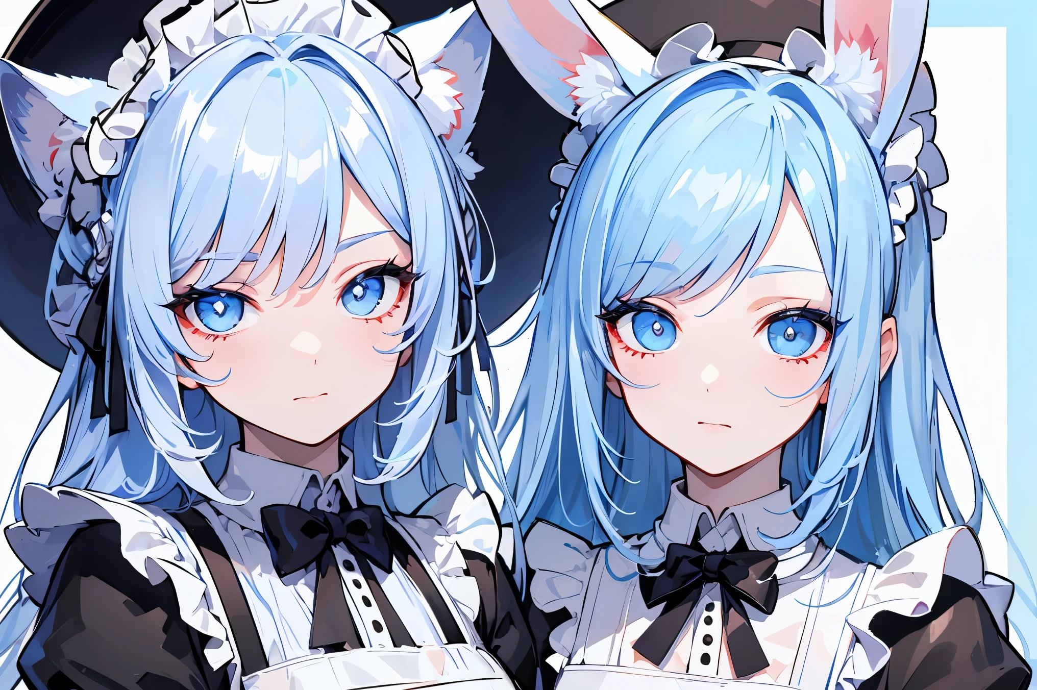 (masterpiece), anatomically correct, accurate, textured skin, high details, high quality, (best quality), (super detail), perfect detailed eyes, perfect detailed face, ultra-detailed nose, Maid, maid outfit, maid apron, white brim, light blue hair, long hair, messy hair, rabbit ears, naughty face, wink