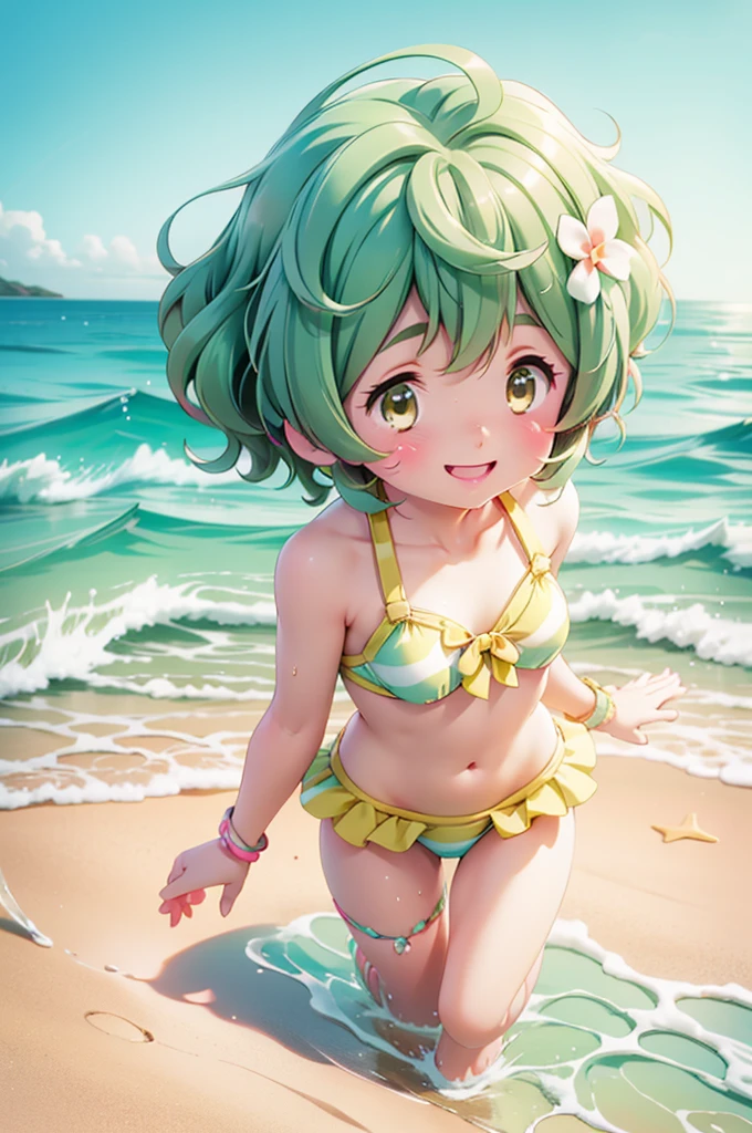 Happy smile、cute、Beach Background、girl、Bright and pop atmosphere、Shy Laugh、((Cute Bikini Swimsuit))