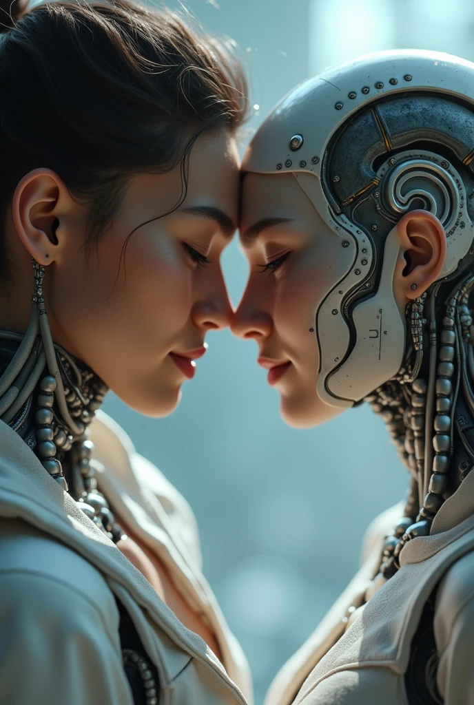 : Two robots, one male and one female, stand in a close-up side profile, facing each other. Their entire shapes and chests are composed of electrical panels connected by threads. Some panels are missing on both robots, revealing sophisticated circuits and control service motors for their eyes and parts of their mouths. The surface of each robot is slightly marked by war, with scratches and cracks that reveal theinner fragility. Their eyes are emotionless, yet hint at repressed feelings. Soft lighting highlights the structure and nuances of their surfaces, while a blurred background emphasizes the intensity of the moment. The scene is depicted in a hyper-realistic style with a cinematic feel, capturing the vulnerability and power of their emotions.