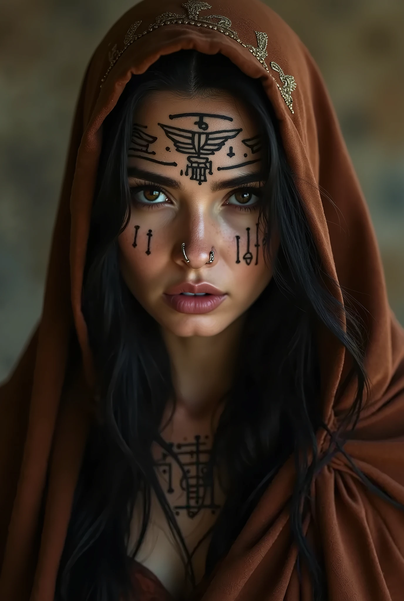 IMAGEN DE UN INDIO NATIVO EN bosque con niebla, IMAGEN CON REALISMO, pecho desnudo, mujer hermosa, tetas gigantes, collar ?????. atada, esclava, sumisa, rostro hermoso y muy detallado, cabello largo. 3 chicas desnudas