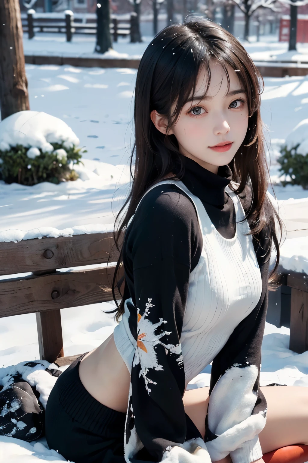(in 8K、Raw photography、top-quality、masterpiece)、(realisitic、Photorealsitic)、1girl in、A Japanese Lady、18year old、((swim wears))、(Highly detailed facial and skin texture:1.3)、Detailed lips、(skinny body:1.3)、(thin arm:1.3)、(A detailed eye、Sareme)、(shinny skin)、((light brown hair))、(natural soft light:1.3)、((the morning sun))、(poneyTail、long bangs)、(snow mountains)、(strong breeze:1.3)、((Viewpoint from above))、((Smaller chest))、